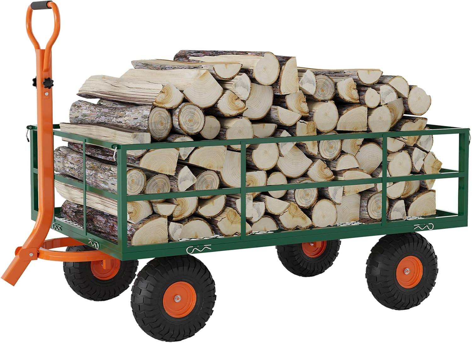 Front. Jojoka - Steel Garden Cart Utility Wagon, 1200 Lb Capacity, Removable Sides, 10" Wheels, 180° Handle for Outdoor, Green/Orange - Green.