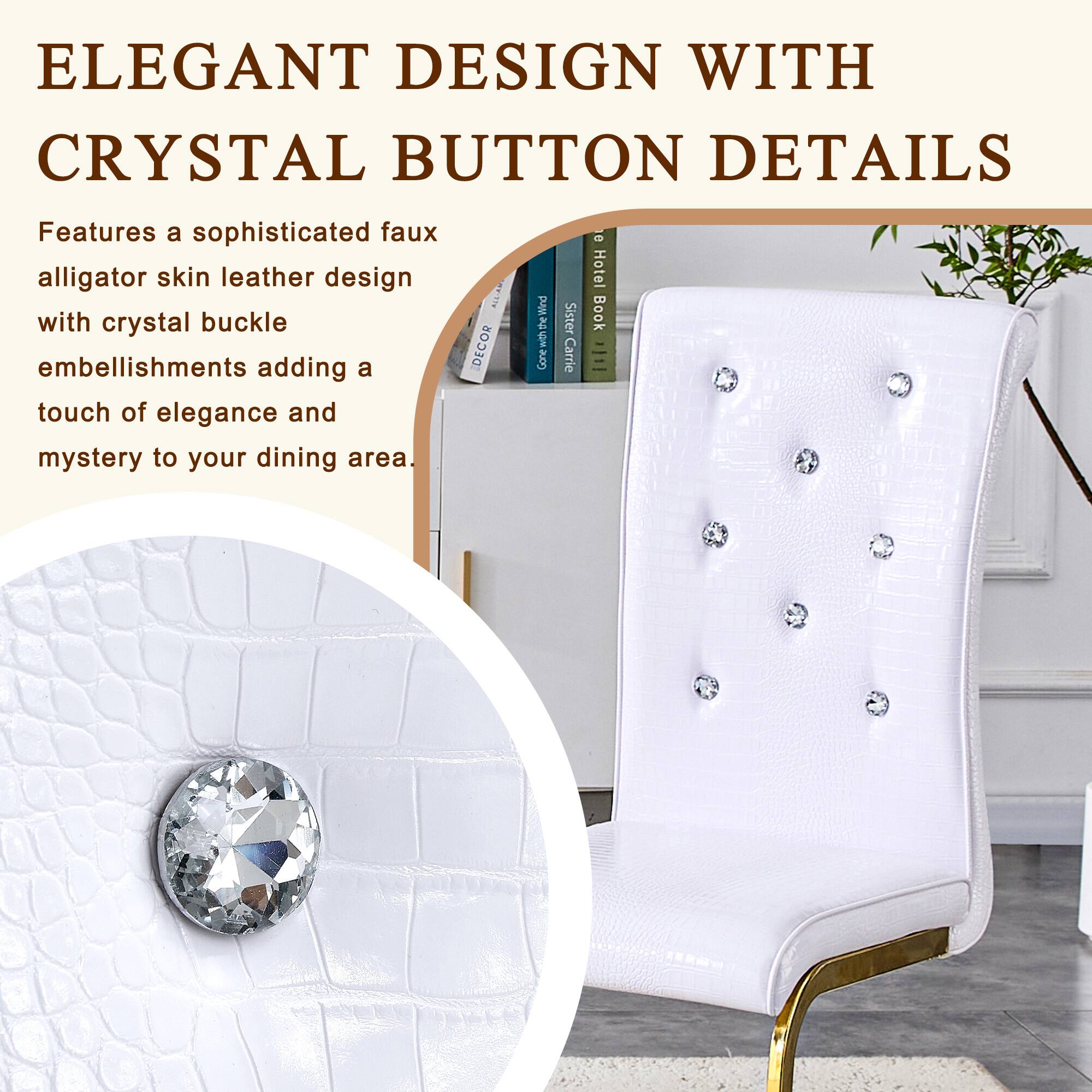 ELEGANT DESIGN WITH CRYSTAL BUTTON DETAILS

Features a sophisticated faux alligator skin leather design with crystal buckle embellishments adding a touch of elegance and mystery to your dining area.