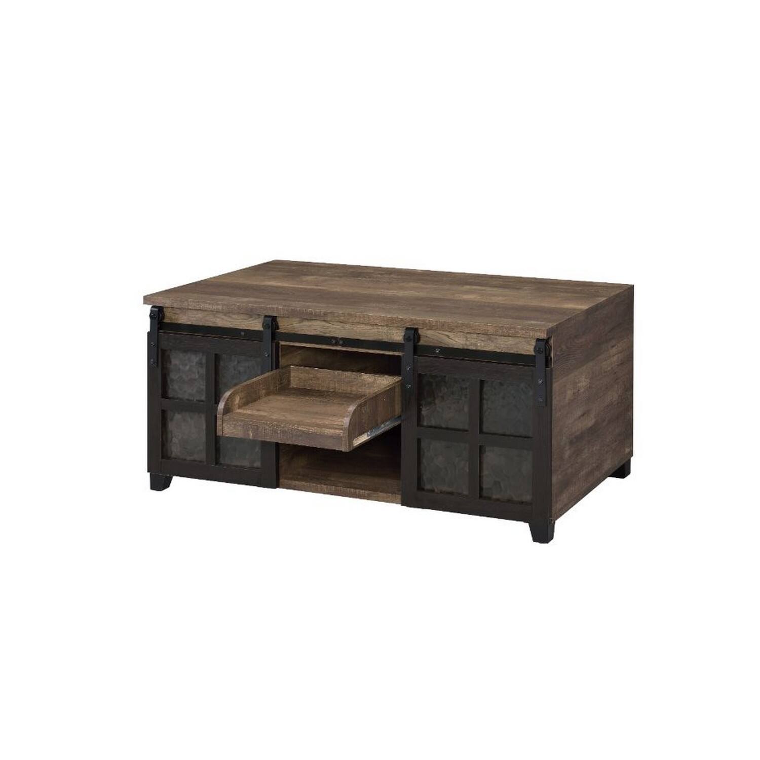Alt View 2. Manhattan Lane - Coffee Table with 2 Barn Sliding Glass Doors and Pull Out Tray - Brown.
