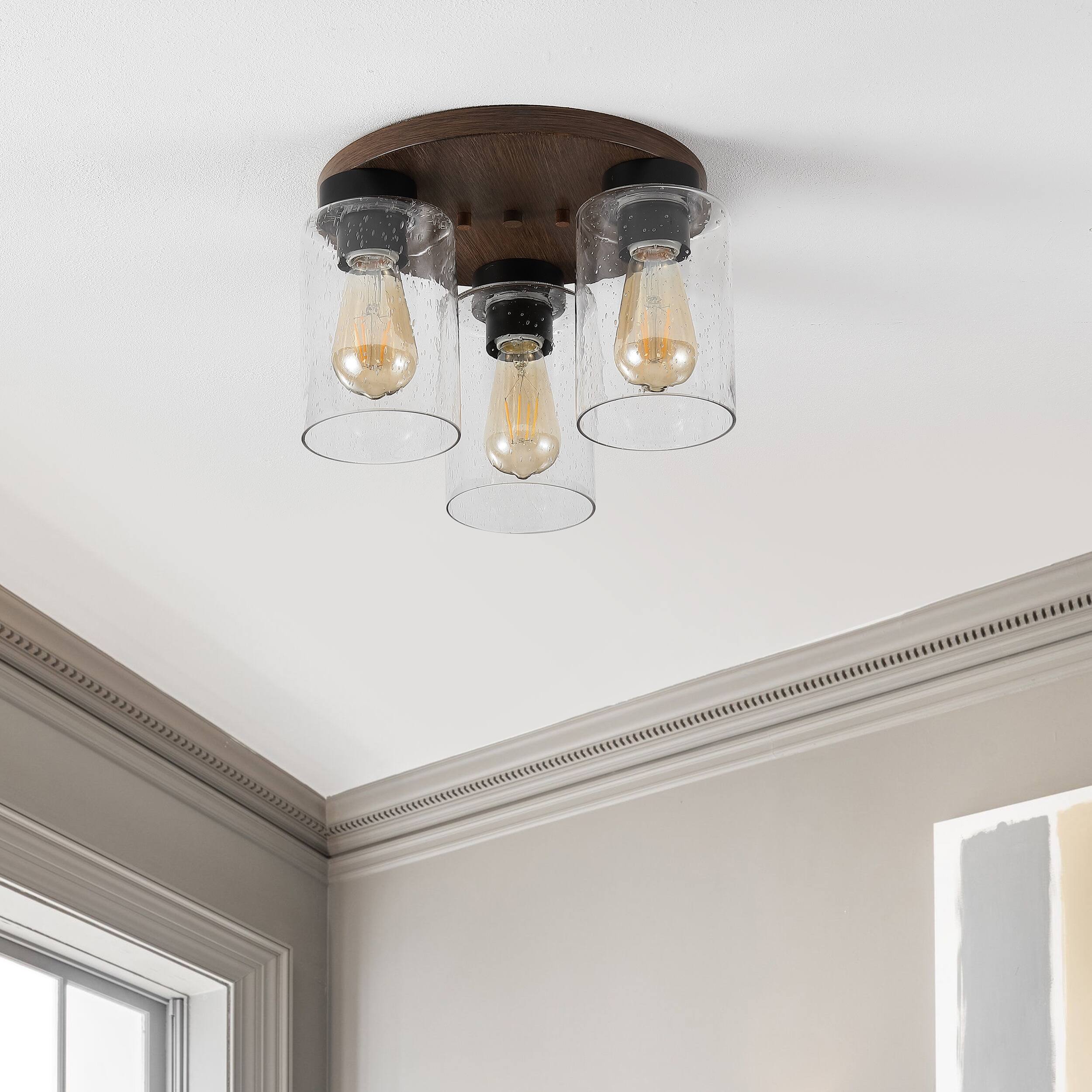 Alt View 5. Jonathan Y - Nola 13" 3-Light Bohemian Farmhouse Iron/Seeded Glass LED Semi Flush Mount, Wood Finish/Clear - Wood Finish.
