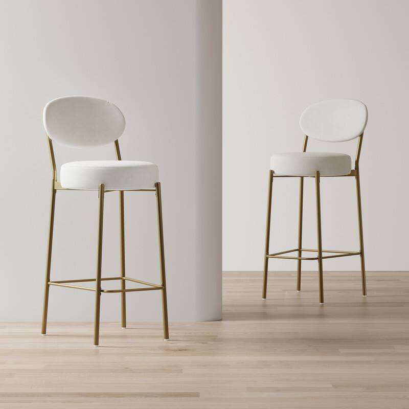 Front. HTUTWOO - 29'' Upholstered Bar Stools Set of 2, Velvet Counter Stools with Backrest,& Gold Metal Frame, for Kitchen & Bar - White.