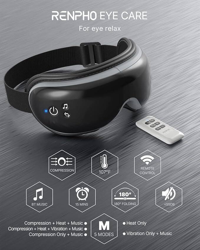 RENPHO EYE CARE  
For eye relax

- COMPRESSION
- 107°F
- REMOTE CONTROL
- BT MUSIC
- 15 MINS
- 180° FOLDING
- <55DB

5 MODES  
- Compression + Heat + Music  
- Compression + Heat + Vibration + Music  
- Compression Only + Music  
- Heat Only  
- Vibration Only + Music
