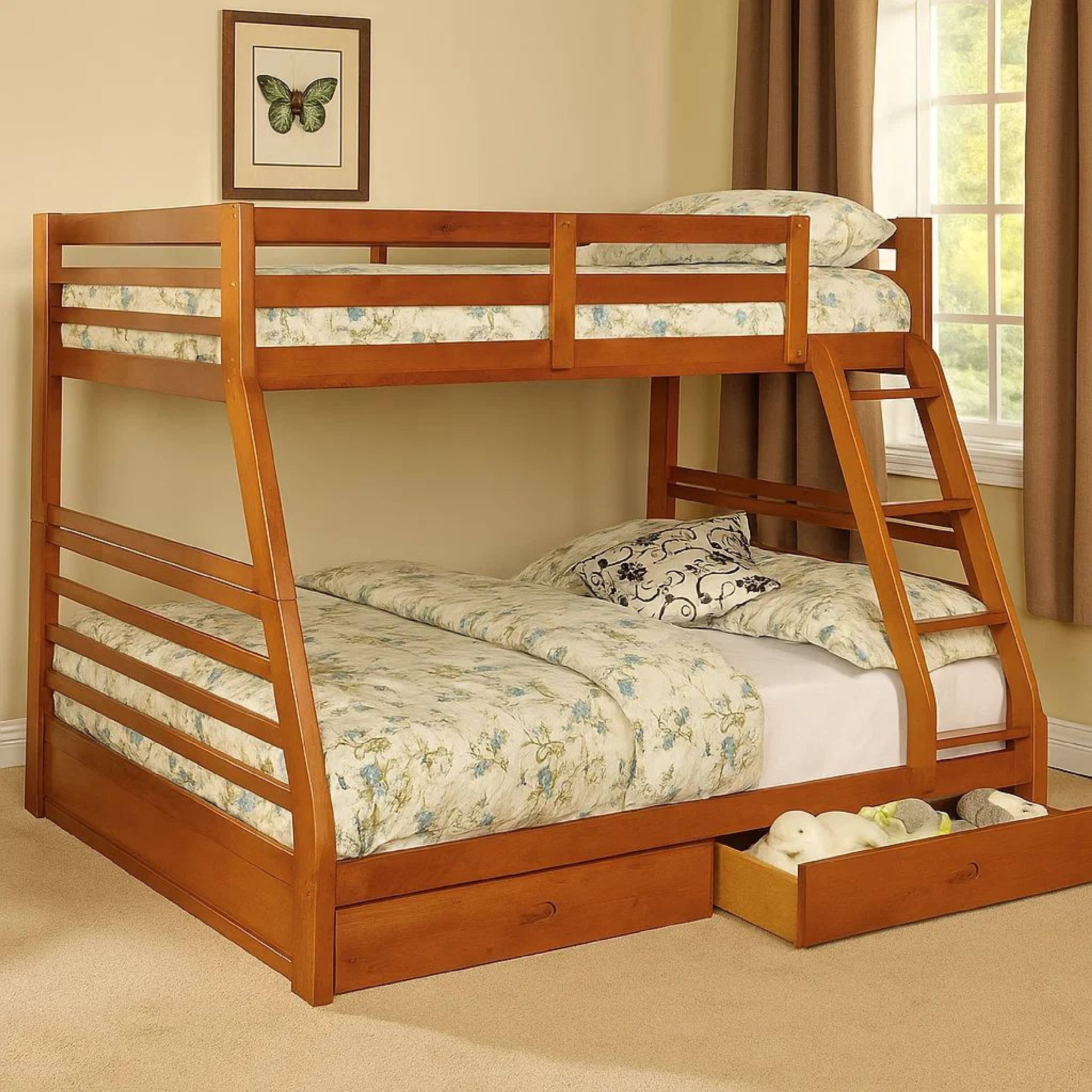 Alt View 7. Manhattan Lane - Transitional Style Twin Over Full Bunk Bed with Drawers, Oak Brown - Brown.