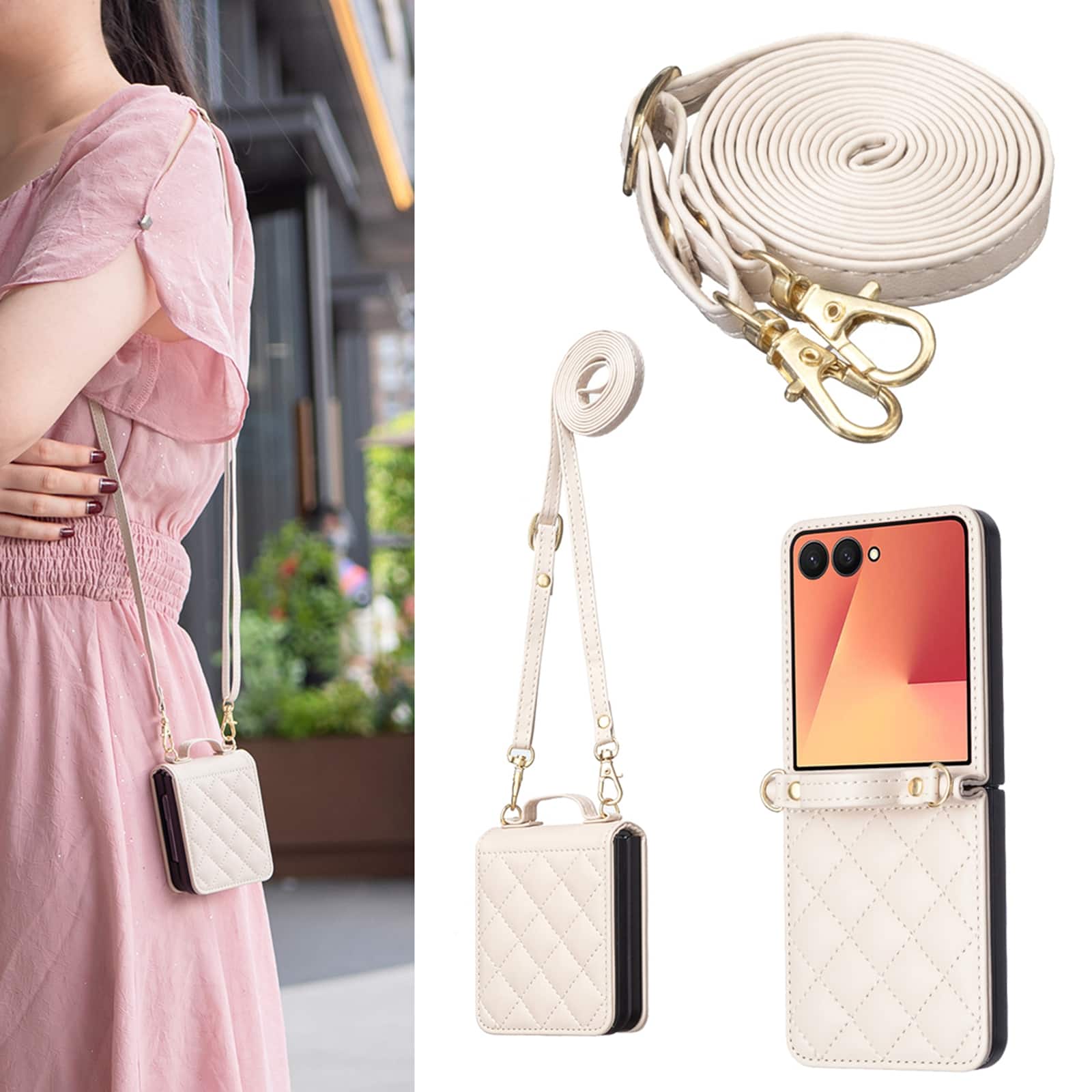 Dteck - Shockproof Case for Samsung Galaxy Z Flip8 with Crossbody Lanyard, PU Leather Hard PC Cover, Raised Edge Camera Defense - Beige price history on PriceWatchPro