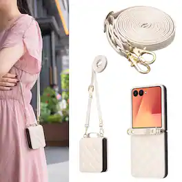 Dteck - Shockproof Case for Samsung Galaxy Z Flip8 with Crossbody Lanyard, PU Leather Hard PC Cover, Raised Edge Camera Defense - Beige