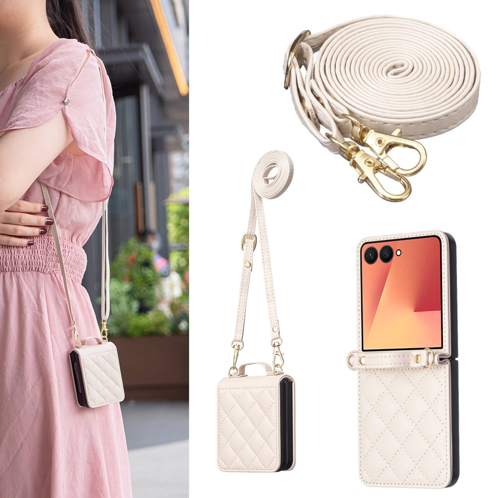 Dteck - Shockproof Case for Samsung Galaxy Z Flip8 with Crossbody Lanyard, PU Leather Hard PC Cover, Raised Edge Camera Defense - Beige
