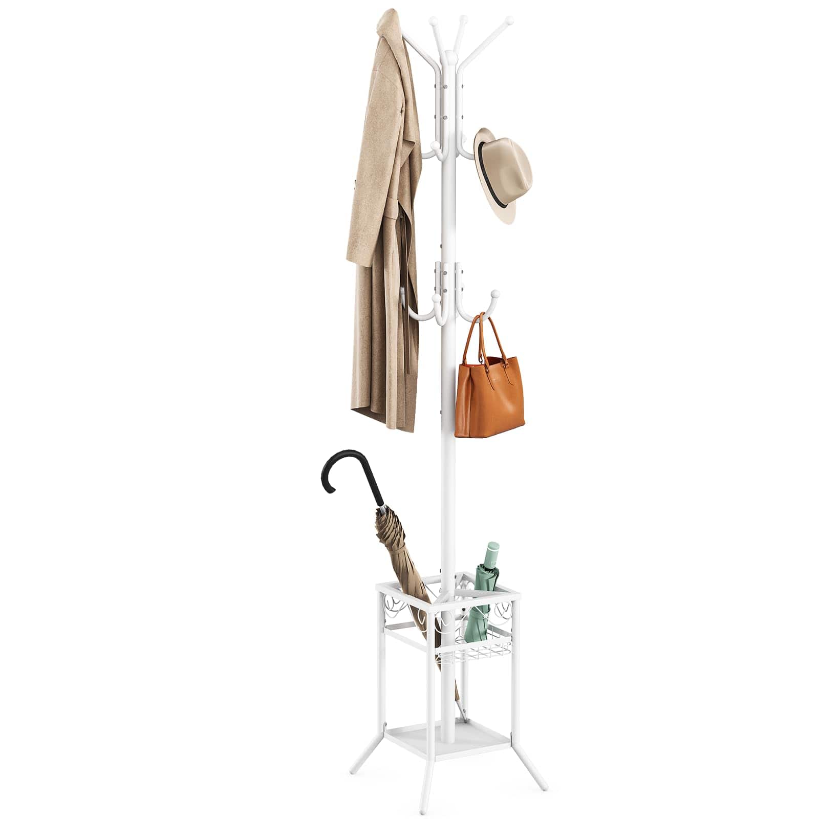Hirose Alice - ELYKEN Coat Rack Freestanding Metal Coat Rack Stand with Umbrella Holder Modern Coat Tree with Floor Standi - White With square umbrella stand