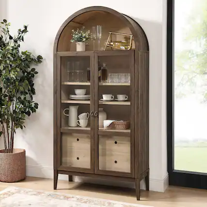 Front. Modway - Nolan 74" Tall Wide Arched Storage Display Cabinet by Modway - Walnut Light Oak.