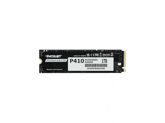 PATRIOT
PCIe Gen4 x4 M.2 SSD
MADE IN TAIWAN
P410
P410XX000000
95000000
1TB
Warranty void if removed
123456789012345
UK CE FCC RoHS COMPLIANT
