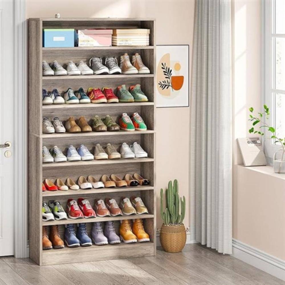 Angle. Hivvago - 8-Shelf Shoe Rack Storage Cabinet in Grey Wood Finish - Holds Up To 45 Pairs - Grey.