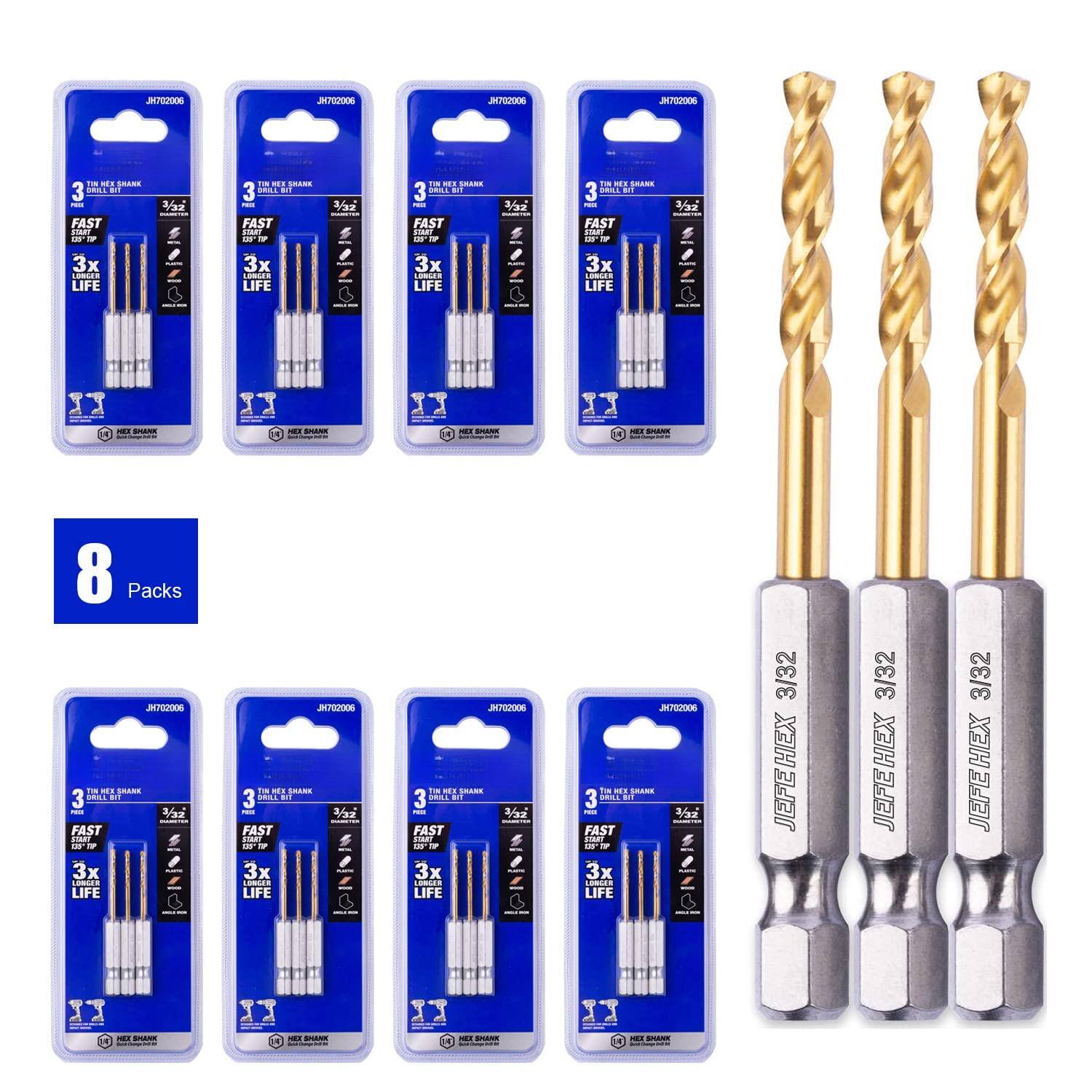 Sure, here is the corrected and grouped text from the image:

---

**Product Information:**

- **Item Code:** JH702006
- **Description:** 3 IN 1 TIN HEX SHANK DRILL BIT
- **Features:**
  - FAST
  - 3x LIFE
  - 3/32
  - 1/8
  - 5/32
- **Quantity:** 8 Packs

**Additional Details:**

- **Brand:** JEFHEX
- **Tip Size:** 3/32
- **Shank Size:** 3/16

**Visuals:**

- **Packaging:** Blue blister pack with clear plastic
- **Contents:** 3 drill bits per pack
- **Drill Bits:** 3/32, 1/8, 5/32

**Drill Bits:**

- **Material:** Tin Hex Shank
- **Finish:** Gold and Silver

**Packaging Text:**

- "3 IN 1 TIN HEX SHANK"
- "FAST 3x LIFE"
- "3/32 1/8 5/32"
- "TIN HEX SH