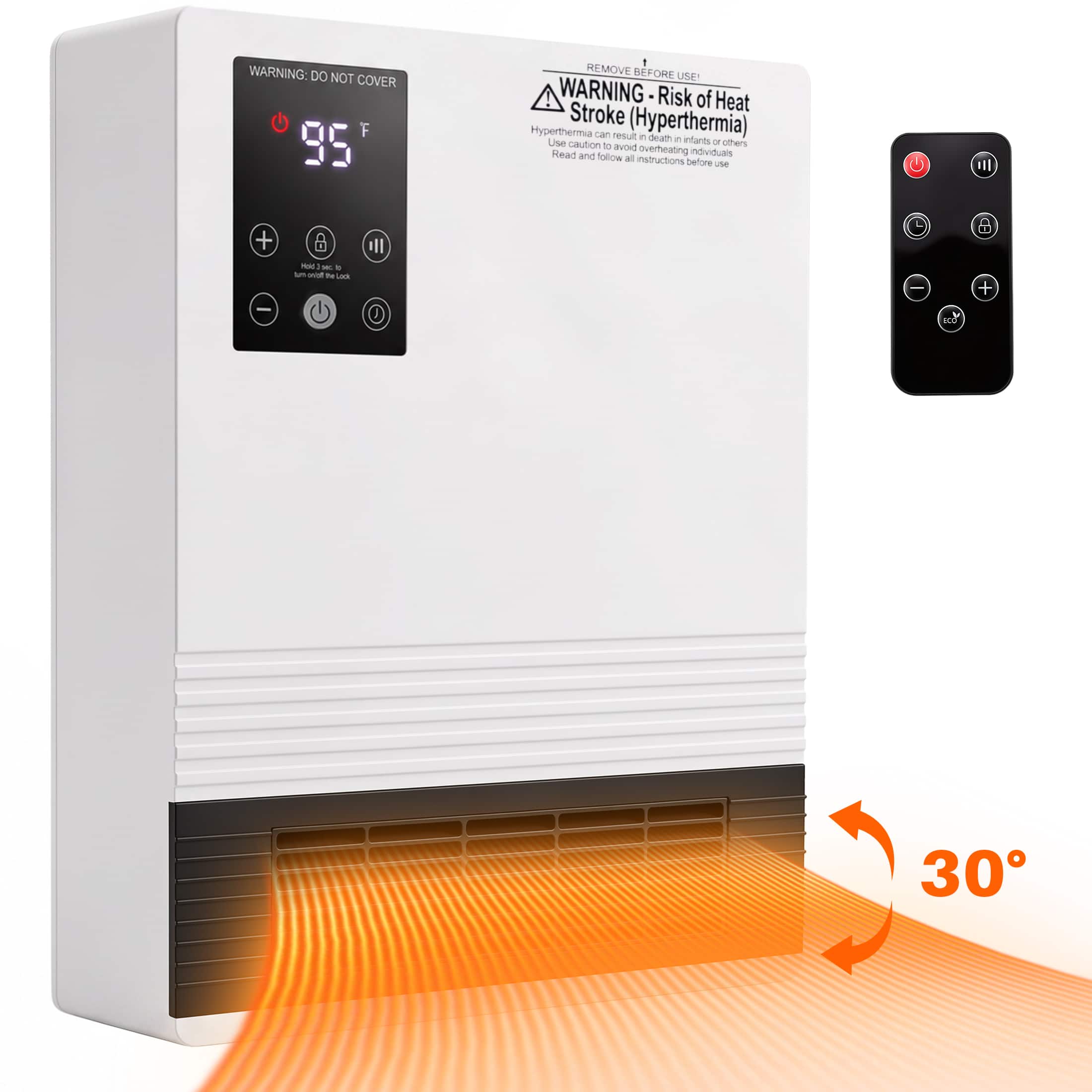 Sweetcrispy - 1500W Smart Wall Heater with Touchscreen and Remote, Adjustable Thermostat, 15‑Hour Timer, 2 Heat Level - White