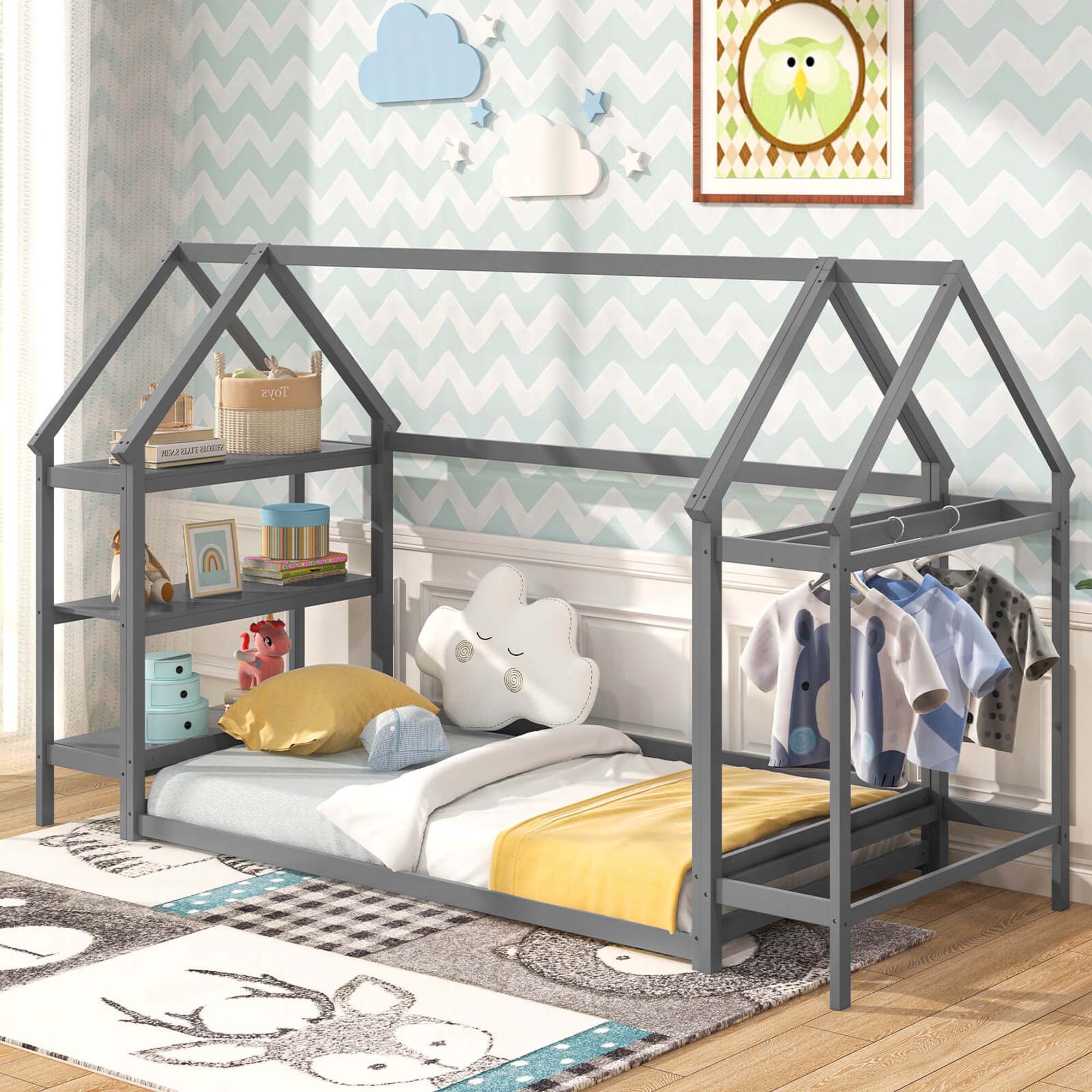 Angle. Costway - Twin Size House Bed Montessori Floor Bed with Detachable Storage Shelves - Gray.