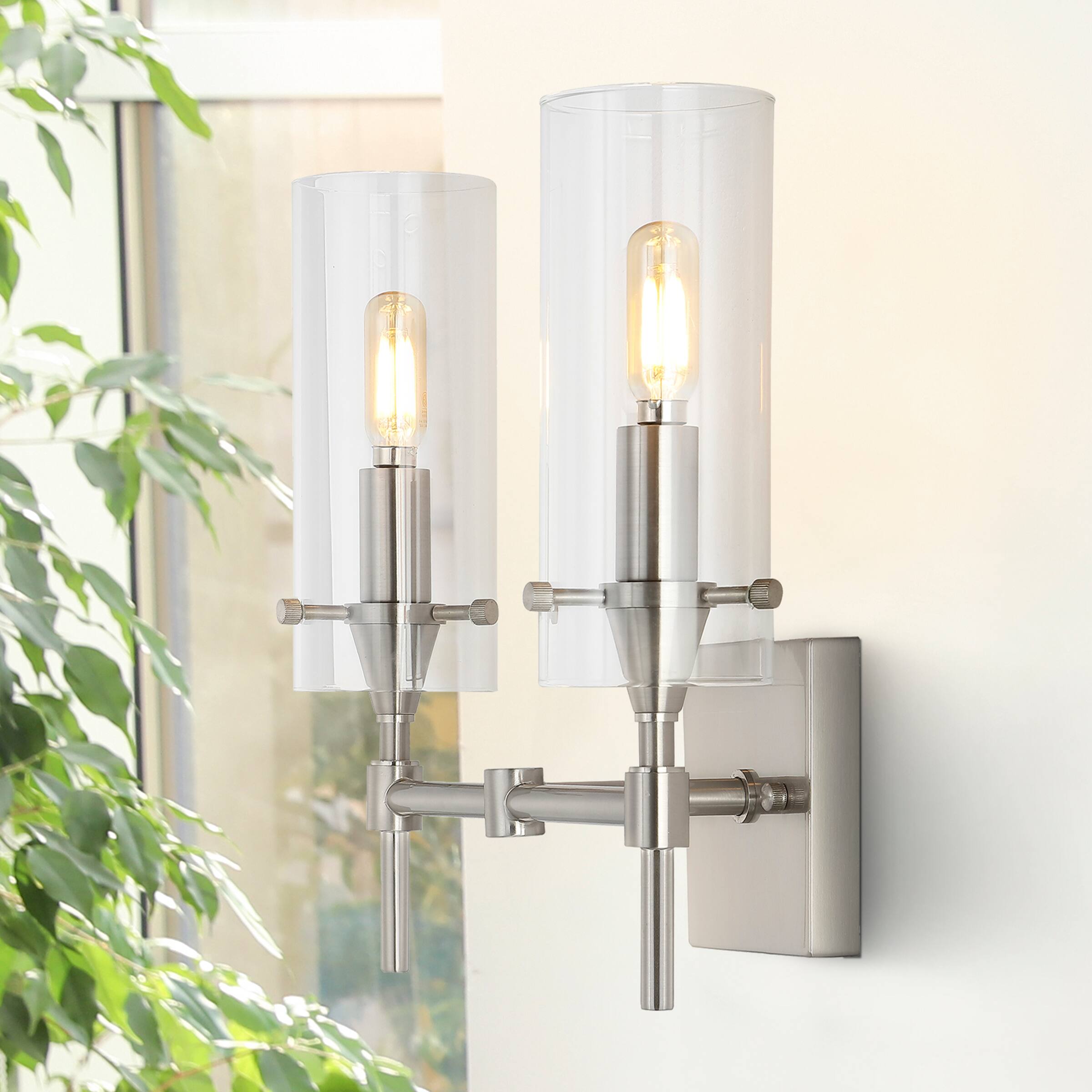Alt View 1. Jonathan Y - Cato 13.5" 2-Light Modern Farmhouse Iron/Glass LED Vanity, Nickel/Clear - Nickel.