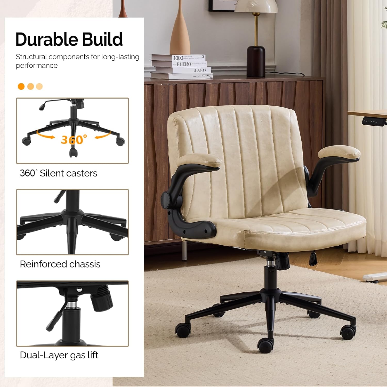 Durable Build  
Structural components for long-lasting performance  

360° Silent casters  
Reinforced chassis  
Dual-Layer gas lift