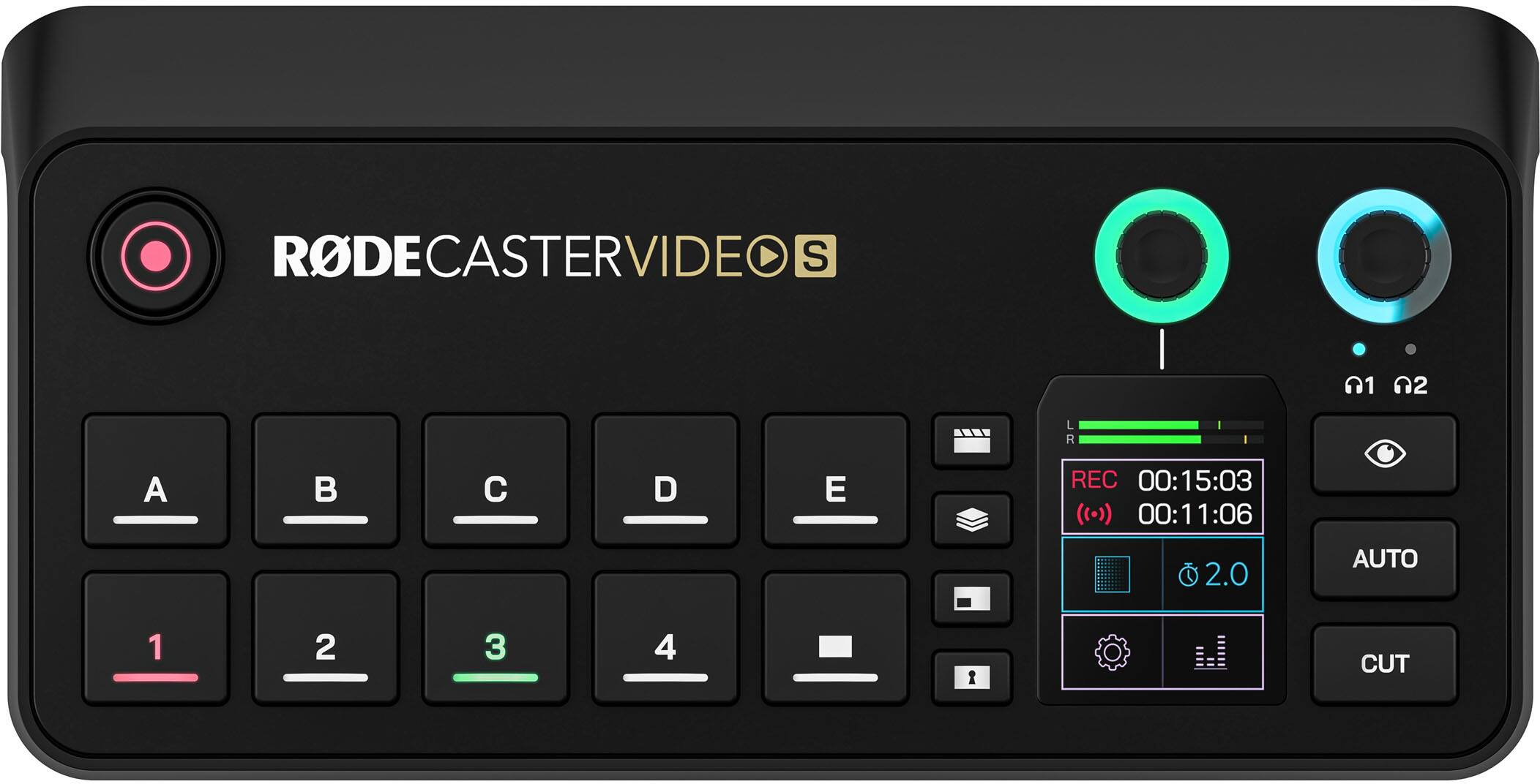 RODECaster Videos

A B C D E

1 2 3 4

REC 00:15:03 (00:11:06) 2.0 AUTO CUT