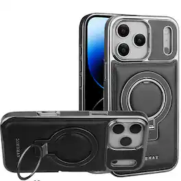 Dteck - Premium Leather Shockproof Non-Slip Magnetic Invisible Ring Stand Phone Case for Apple iPhone 17 Pro Max - Black