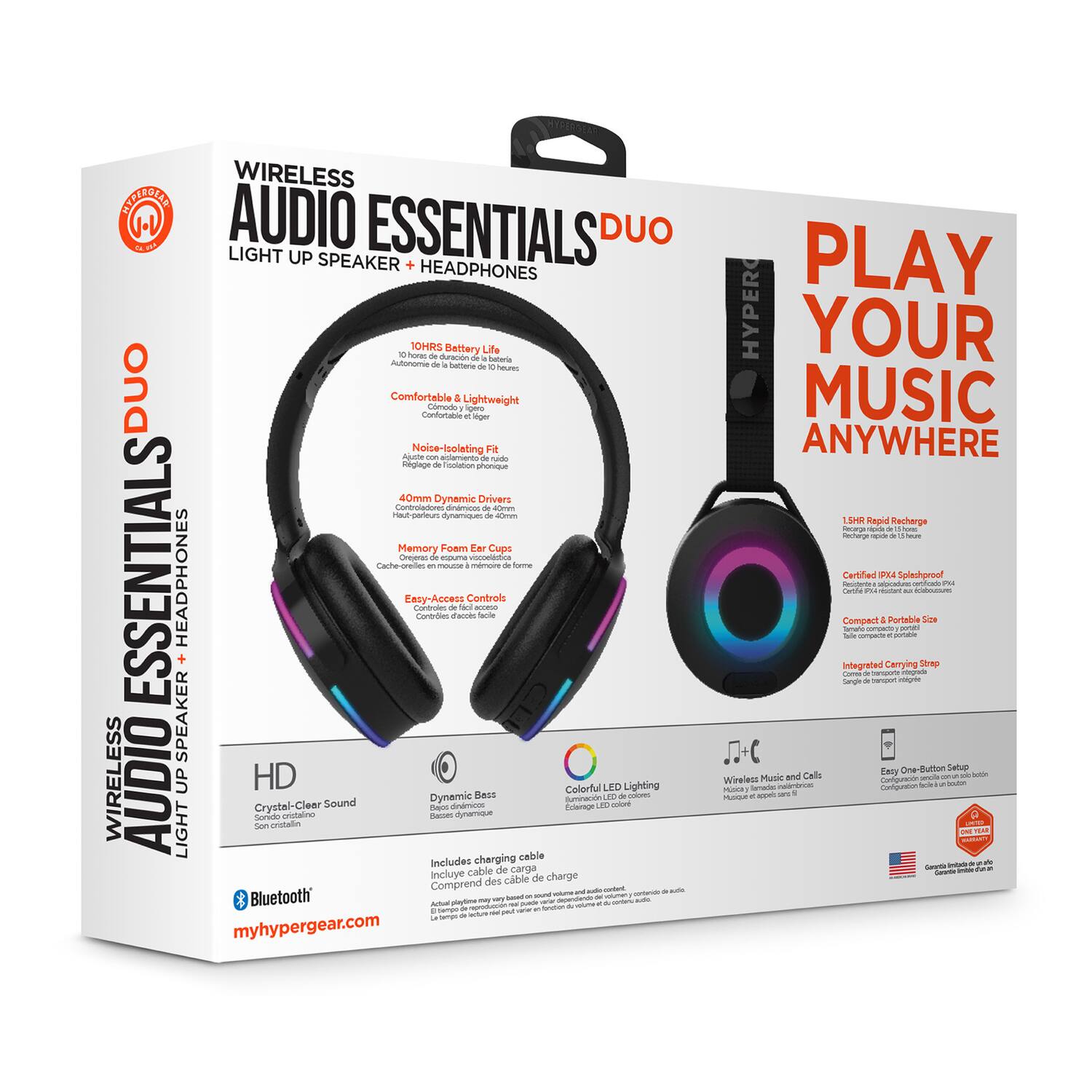 **Wireless Audio Essentials Duo**

**Light Up Speaker + Headphones**

- **10Hrs Battery Life**
  - Autonomie de 10 heures

- **Comfortable & Lightweight**
  - Confortable et léger

- **Noise-Isolating Fit**
  - Réglage de l'isolation phonique

- **40mm Dynamic Drivers**
  - Haut-parleurs dynamiques de 40mm

- **Memory Foam Ear Cups**
  - Coussinets en mousse à mémoire de forme

- **Easy-Access Controls**
  - Contrôles faciles d'accès

- **HD Crystal-Clear Sound**
  - Son cristallin

- **Dynamic Bass**
  - Basses dynamiques

- **Colorful LED Lighting**
  - Échange LED de couleur

- **Wireless Music and Calls**
  - Musique et appels sans fil

- **Easy One-Button Setup**
  - Configuration en un seul bouton

- **1.5HR Rapid Recharge**
  - Recharge rapide de 1.5 heures

- **Compact & Portable Size**
  - Taille compacte et portable

- **Integrated Carrying Strap**
