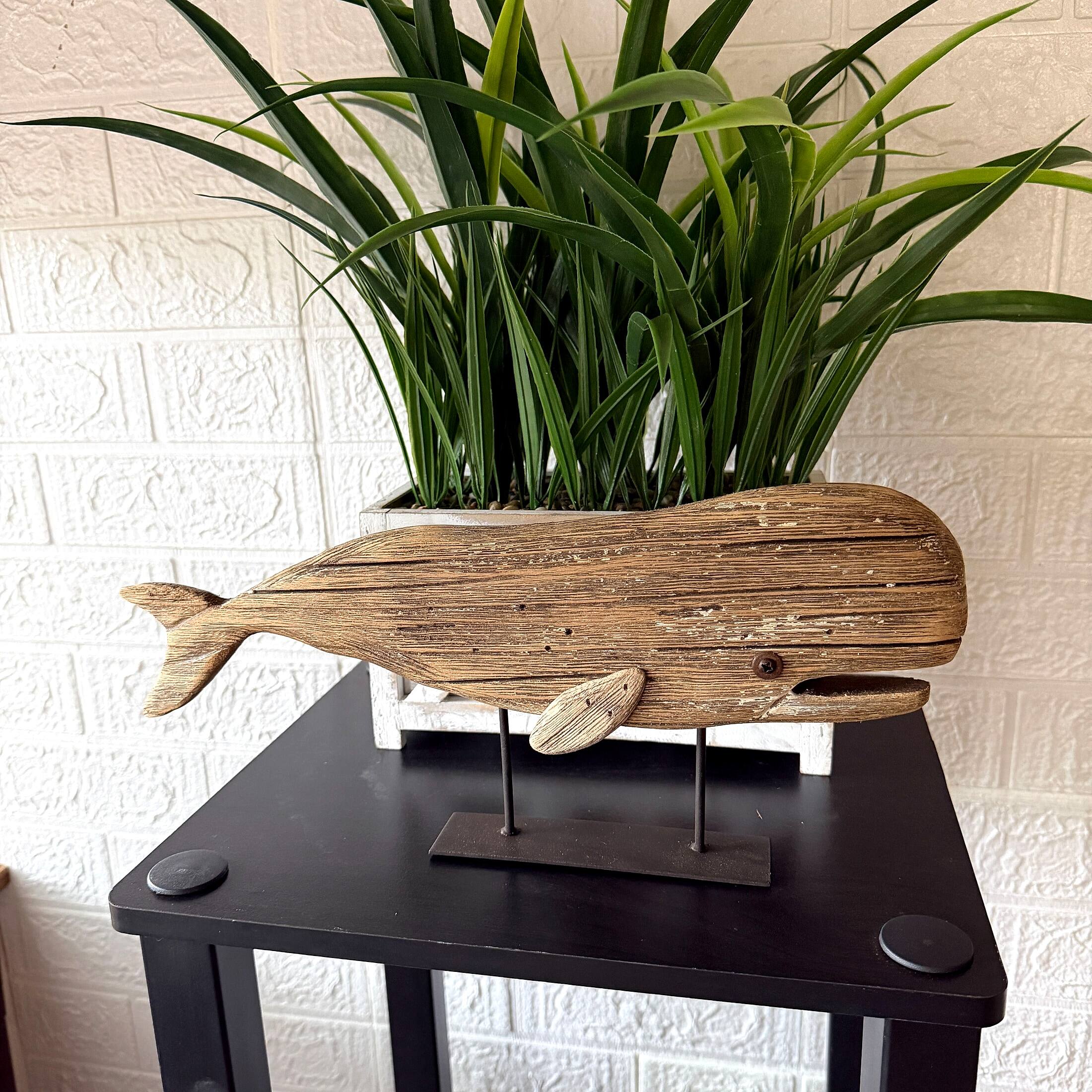 Alt View 3. Things2Die4 - Wood Whale Statue on Stand Rustic Coastal 13.5 Inches Long Shelf Decor - Natural.