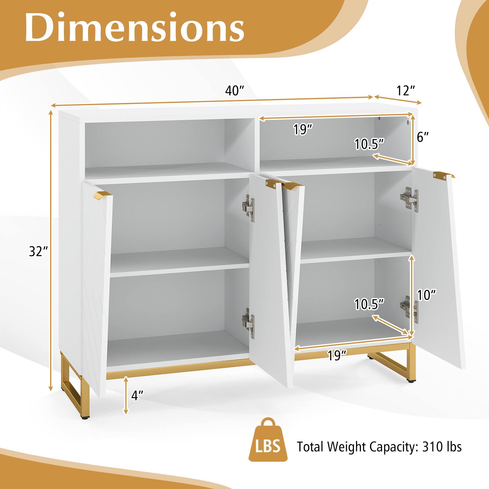 Dimensions:  
- Width: 40"  
- Depth: 12"  
- Height: 32"  
- Shelf 1: 19" (width) x 10.5" (depth)  
- Shelf 2: 19" (width) x 10" (depth)  
- Shelf 3: 19" (width) x 10.5" (depth)  
- Shelf 4: 19" (width) x 10" (depth)  
- Total Weight Capacity: 310 lbs