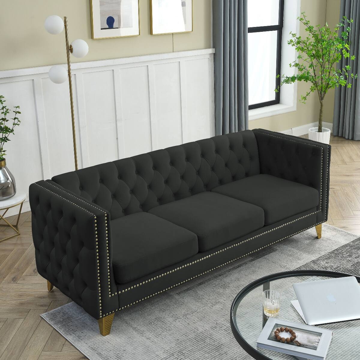 Ropilly Black Velvet Sofa, Chesterfield Style 3 Seat Sofa with Button ...