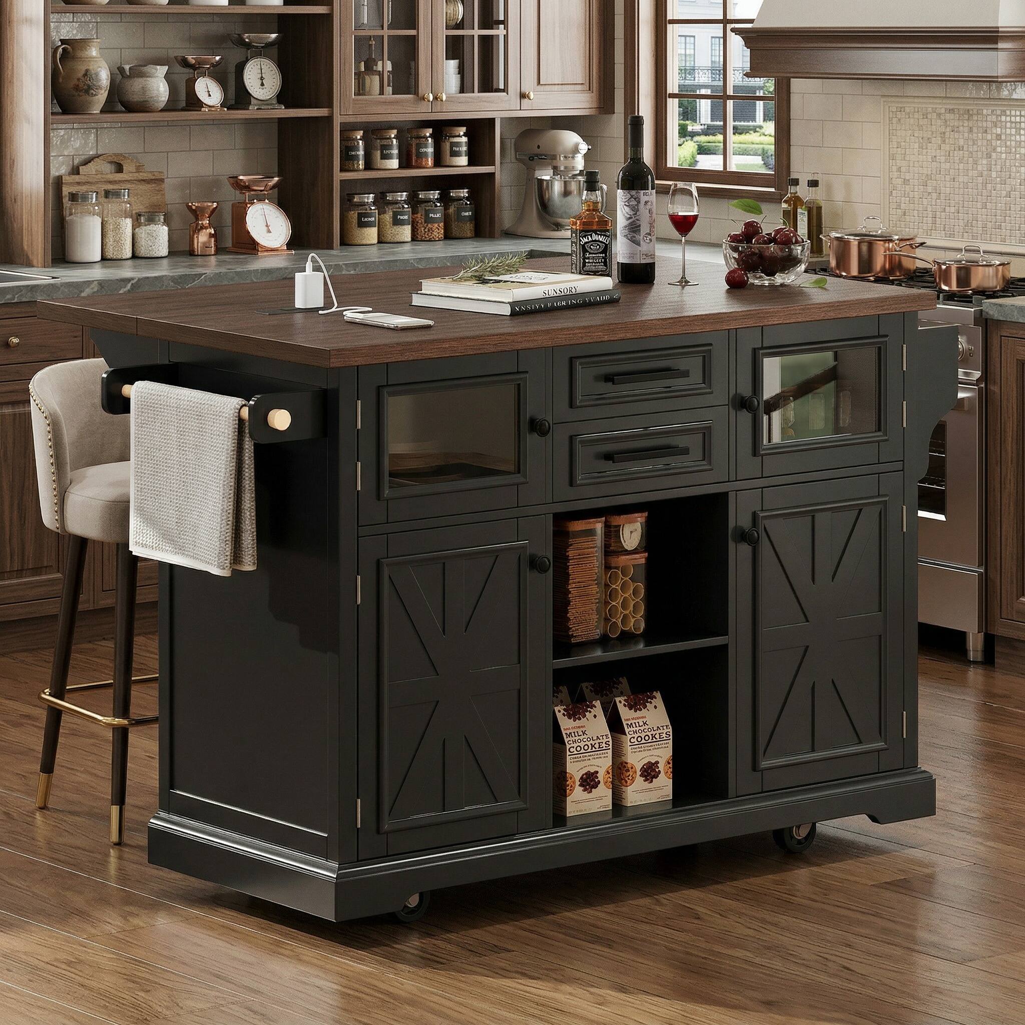 Forest'nSky - 54.9" Kitchen Island with Drop Leaf & Power Outlet Rolling Storage Cart with 4 Doors - Black