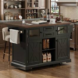 Forest'nSky - 54.9" Kitchen Island with Drop Leaf & Power Outlet Rolling Storage Cart with 4 Doors - Black