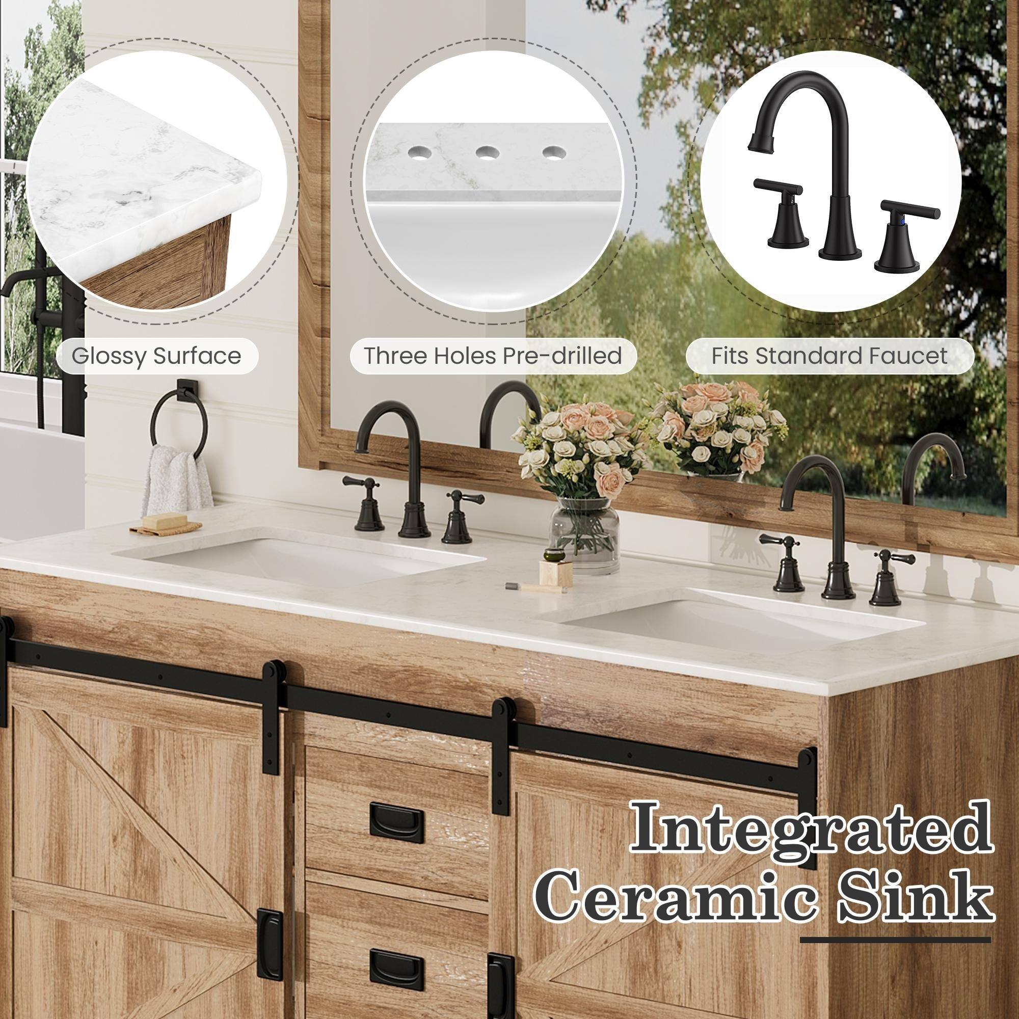 - Glossy Surface
- Three Holes Pre-drilled
- Fits Standard Faucet
- Integrated Ceramic Sink
