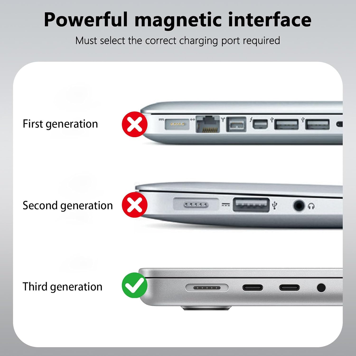 Powerful magnetic interface  
Must select the correct charging port required  

First generation ❌  
Second generation ❌  
Third generation ✅