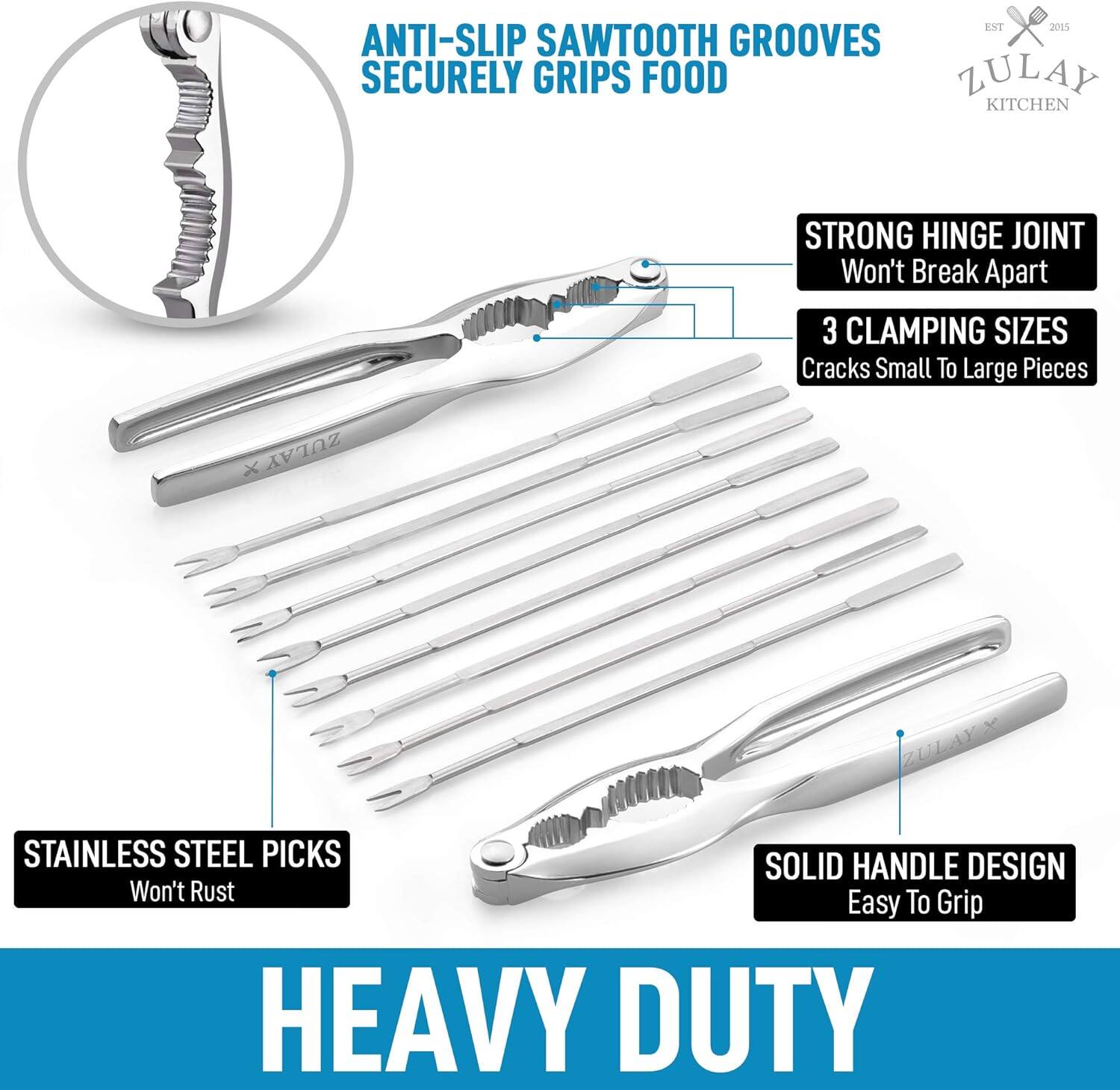 ANTI-SLIP SAWTOOTH GROOVES SECURELY GRIPS FOOD, STRONG HINGE JOINT Won't Break Apart, 3 CLAMPING SIZES Cracks Small To Large Pieces, STAINLESS STEEL PICKS Won't Rust, SOLID HANDLE DESIGN Easy To Grip, HEAVY DUTY.