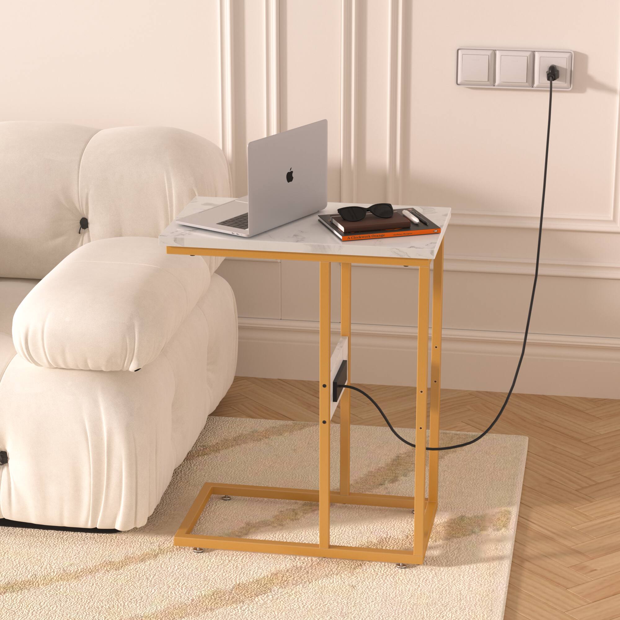 Alt View 5. Vecelo - 2Pack C Shaped End Table with socket, Sofa Side Table with Metal Frame, Easy to Assemble Snack Table - Gold.