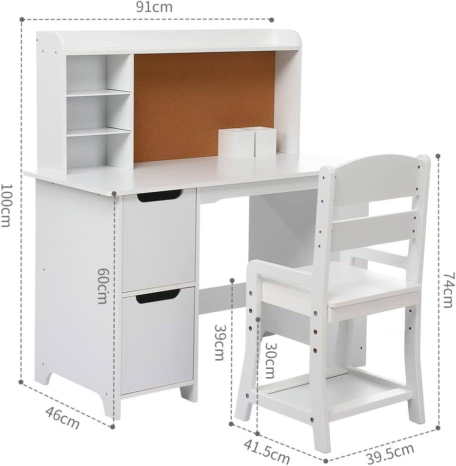 - Width of the desk: 91 cm
- Depth of the desk: 100 cm
- Height of the desk: 60 cm
- Height of the cabinet: 46 cm
- Width of the cabinet: 39 cm
- Width of the drawer: 30 cm
- Width of the chair: 41.5 cm
- Depth of the chair: 39.5 cm
- Height of the chair: 74 cm