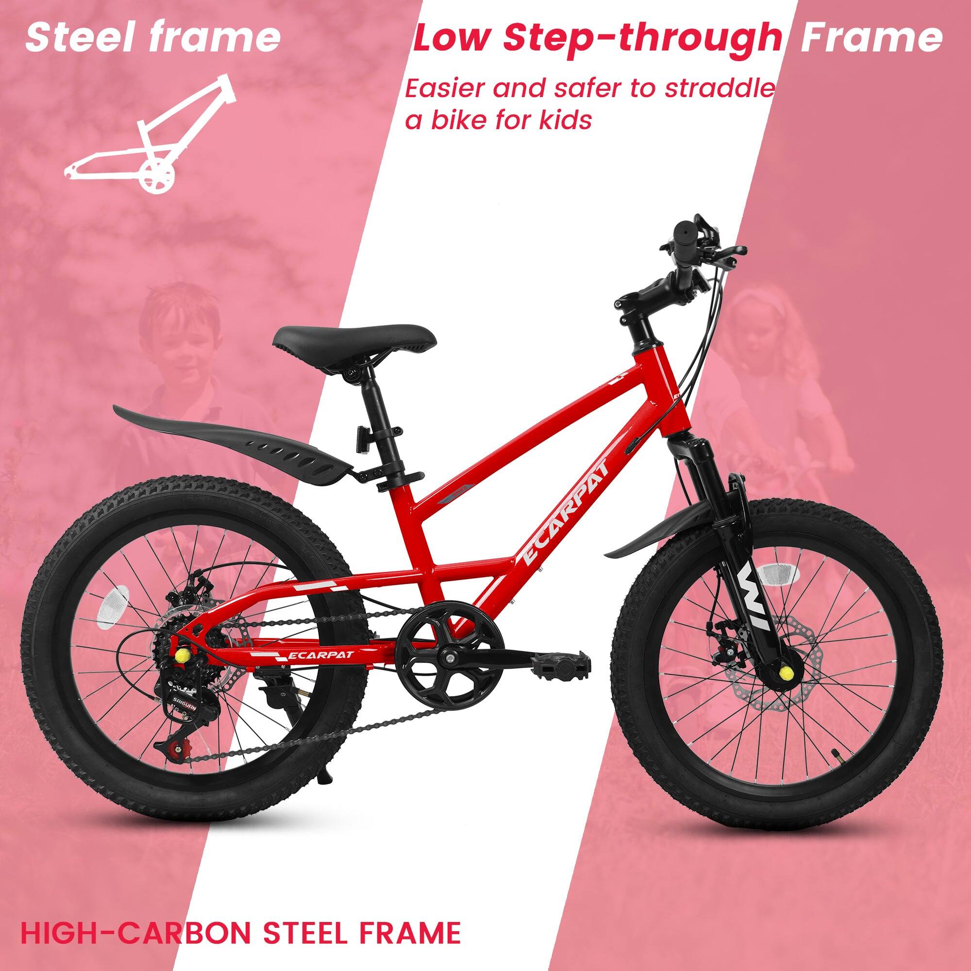 Steel frame  
Low Step-through Frame  
Easier and safer to straddle a bike for kids  
HIGH-CARBON STEEL FRAME
