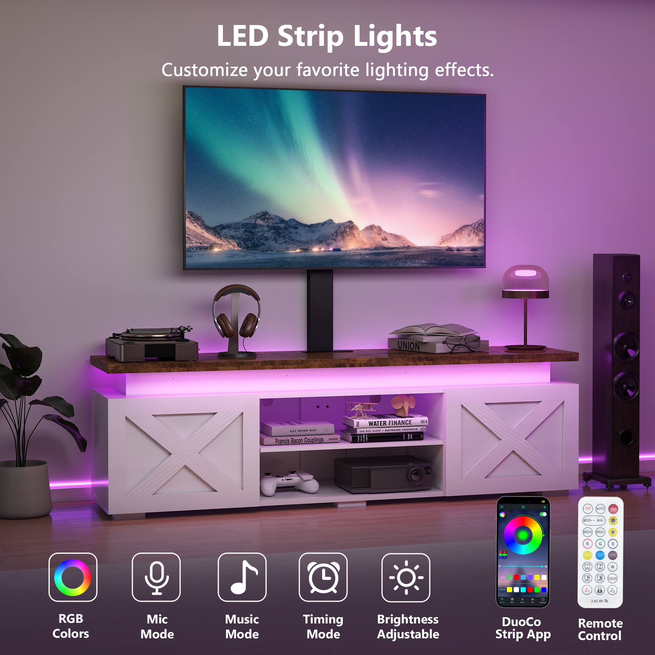 LED Strip Lights Customize your favorite lighting effects. RGB Colors Mic Mode Music Mode Timing Mode Brightness Adjustable DuoCo Strip App Remote Control. UNION . i ... Rrnca facot Couplions FINANCE - WEILR -  - : 11h 1I in . - - I - 4  - T 4 - . R . - . 7 J - - -