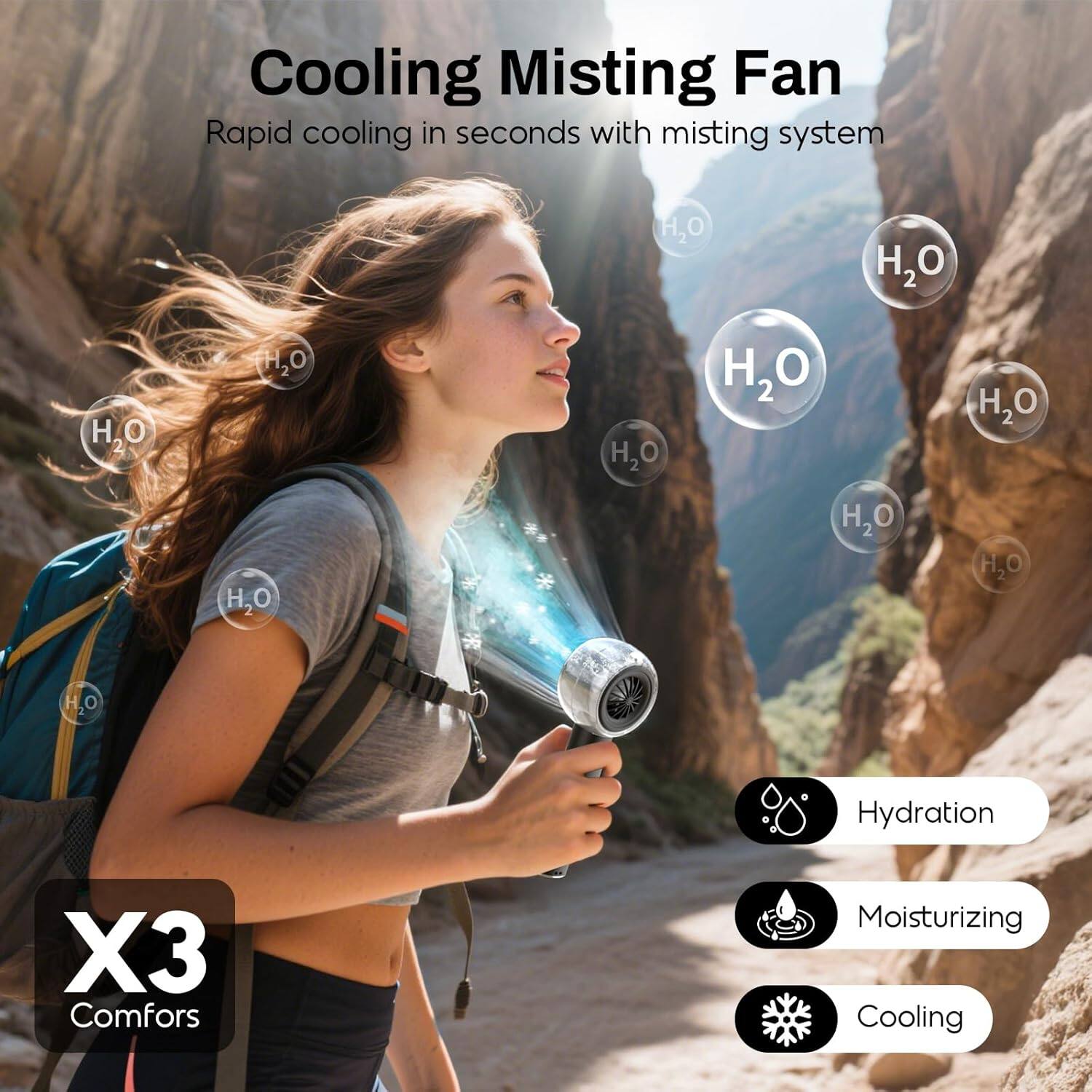 Cooling Misting Fan  
Rapid cooling in seconds with misting system  

H2O  

X3 Comfors  

Hydration  
Moisturizing  
Cooling