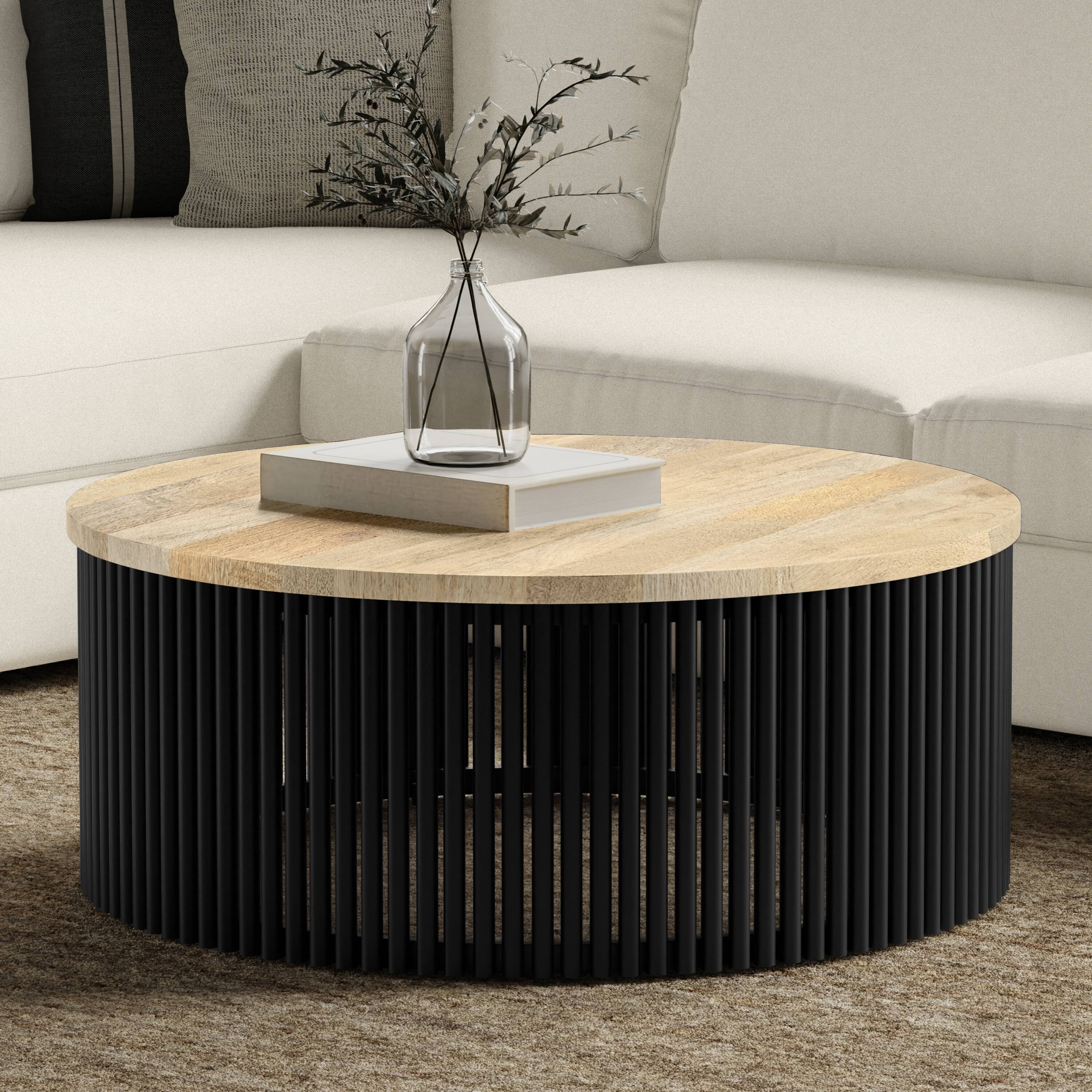 Angle. Simpli Home - Demy  35 inch Wide Round Industrial Contemporary Coffee Table in Natural, Black, Fully Assembled - Natural, Black.