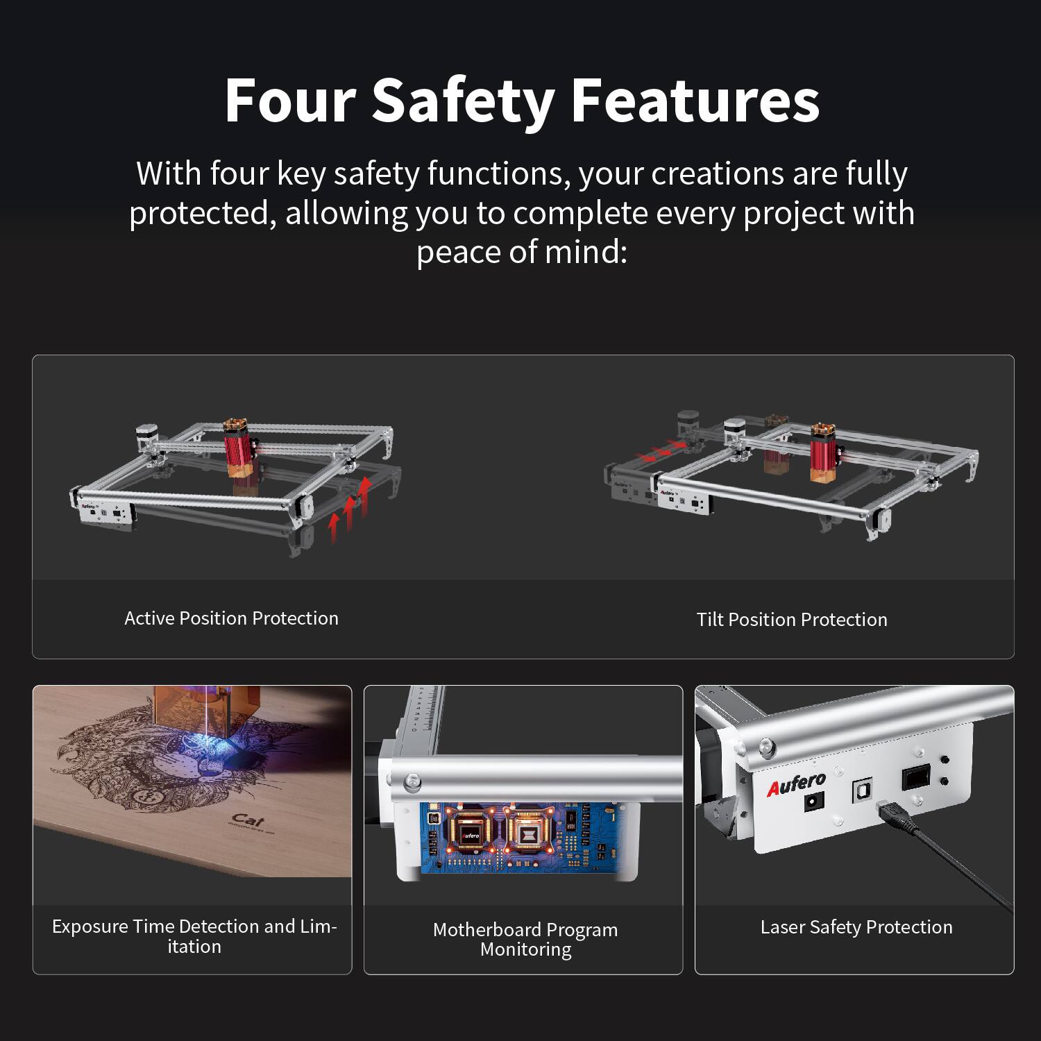 Four Safety Features

With four key safety functions, your creations are fully protected, allowing you to complete every project with peace of mind:

- Active Position Protection
- Tilt Position Protection
- Exposure Time Detection and Limitation
- Motherboard Program Monitoring
- Laser Safety Protection