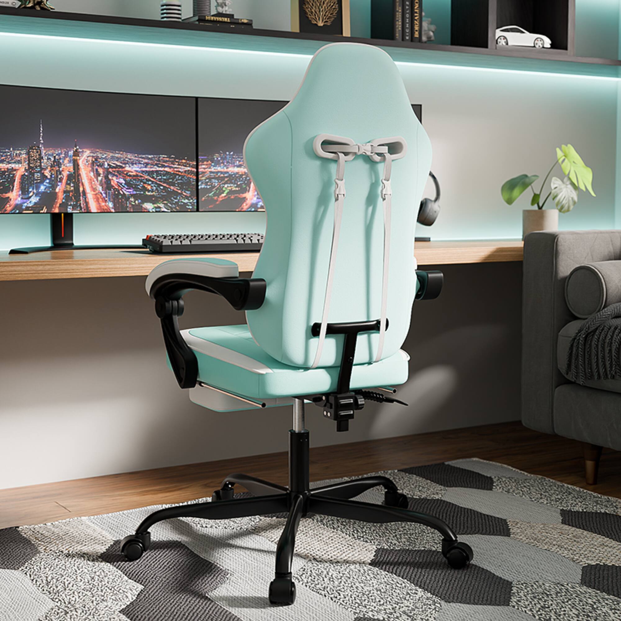 Angle. GOODSILO - Ergonomic Gaming Chair with Adjustable Footrest and Massage Lumbar Support for Enhanced Comfort and Posture - Green.