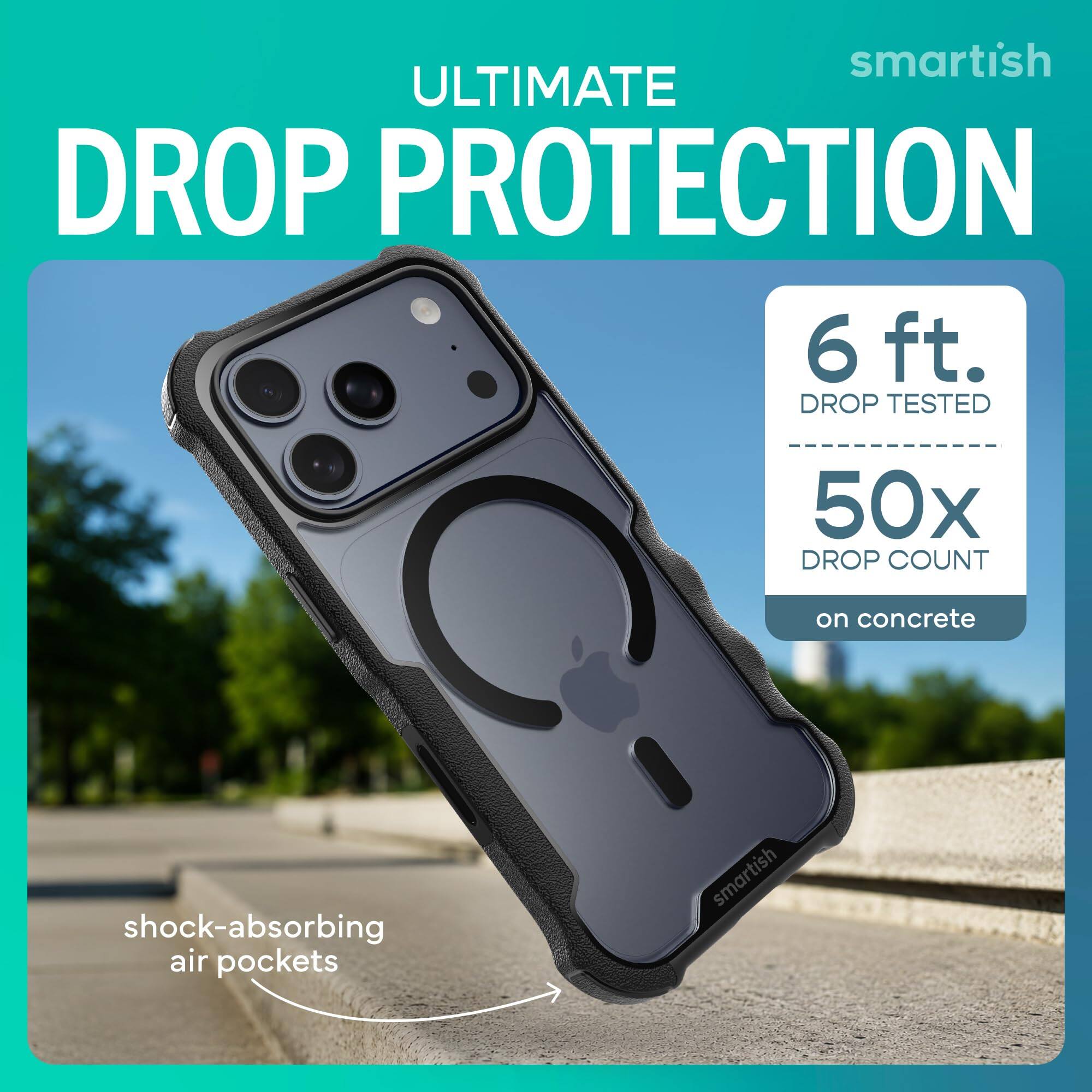 smartish ULTIMATE DROP PROTECTION  
6 ft. DROP TESTED  
50x DROP COUNT  
on concrete  
shock-absorbing air pockets  
smartish