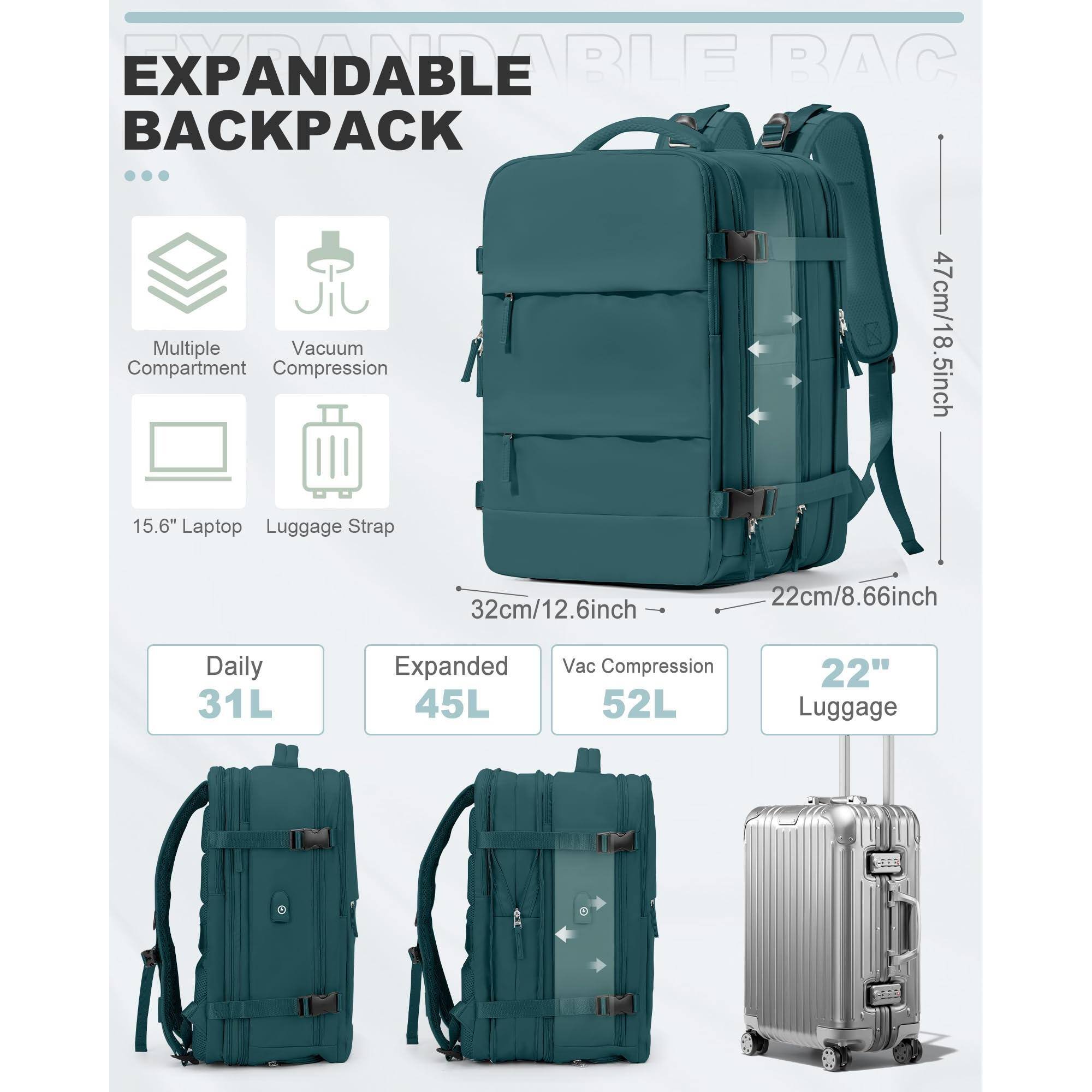 EXPANDABLE BACKPACK

- Multiple Compartment
- Vacuum Compression
- 15.6" Laptop
- Luggage Strap

Dimensions:
- 47cm/18.5inch (Height)
- 32cm/12.6inch (Width)
- 22cm/8.66inch (Depth)

Capacity:
- Daily: 31L
- Expanded: 45L
- Vac Compression: 52L

22" Luggage

Vac Compression