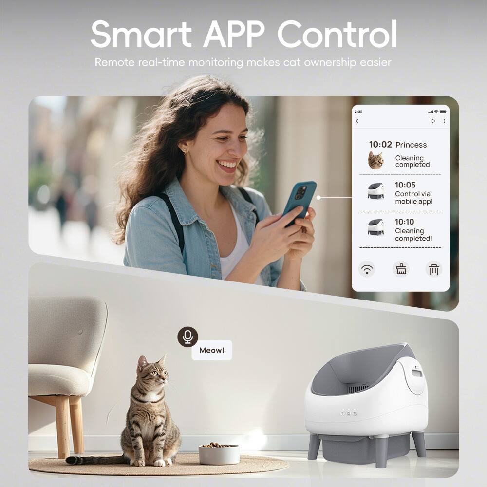 Smart APP Control  
Remote real-time monitoring makes cat ownership easier  

2:32 - 10:02 Princess Cleaning completed!  
10:05 Control via mobile app  
10:10 Cleaning completed!  
Meow!