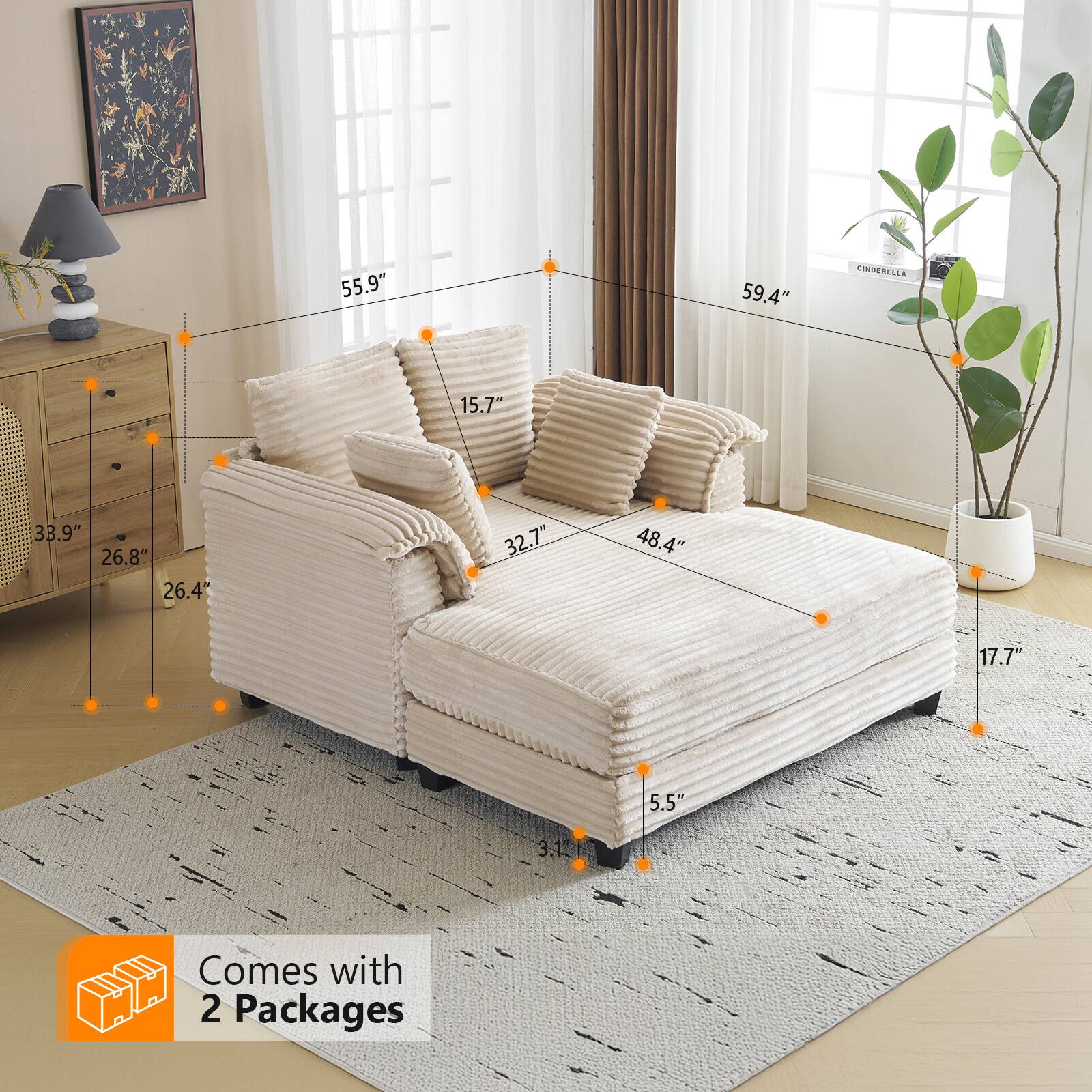 55.9"  
59.4"  
CINDERELLA  
15.7"  
33.9"  
26.8"  
26.4"  
32.7"  
48.4"  
17.7"  
5.5"  
3.1"  
Comes with 2 Packages