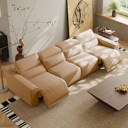 POVISON - 138.82" Power Modular Couch Electric Recliner Sofa, 2 Extendable Recliners, USB Charging Port, Khaki - Khaki Sustainable Leather