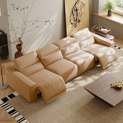Front. POVISON - 138.82" Power Modular Couch Electric Recliner Sofa, 2 Extendable Recliners, USB Charging Port, Khaki - Khaki Sustainable Leather.