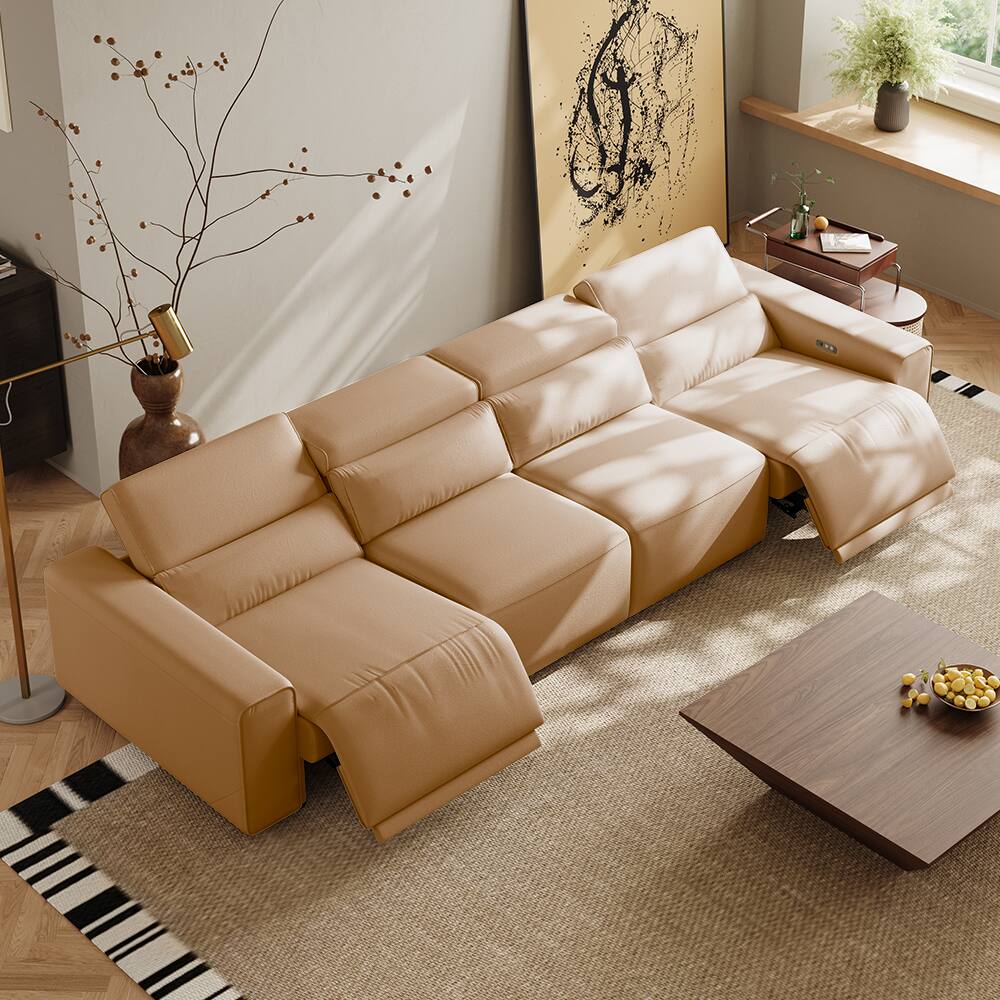 Front. POVISON - 138.82" Power Modular Couch Electric Recliner Sofa, 2 Extendable Recliners, USB Charging Port, Khaki - Khaki Sustainable Leather.