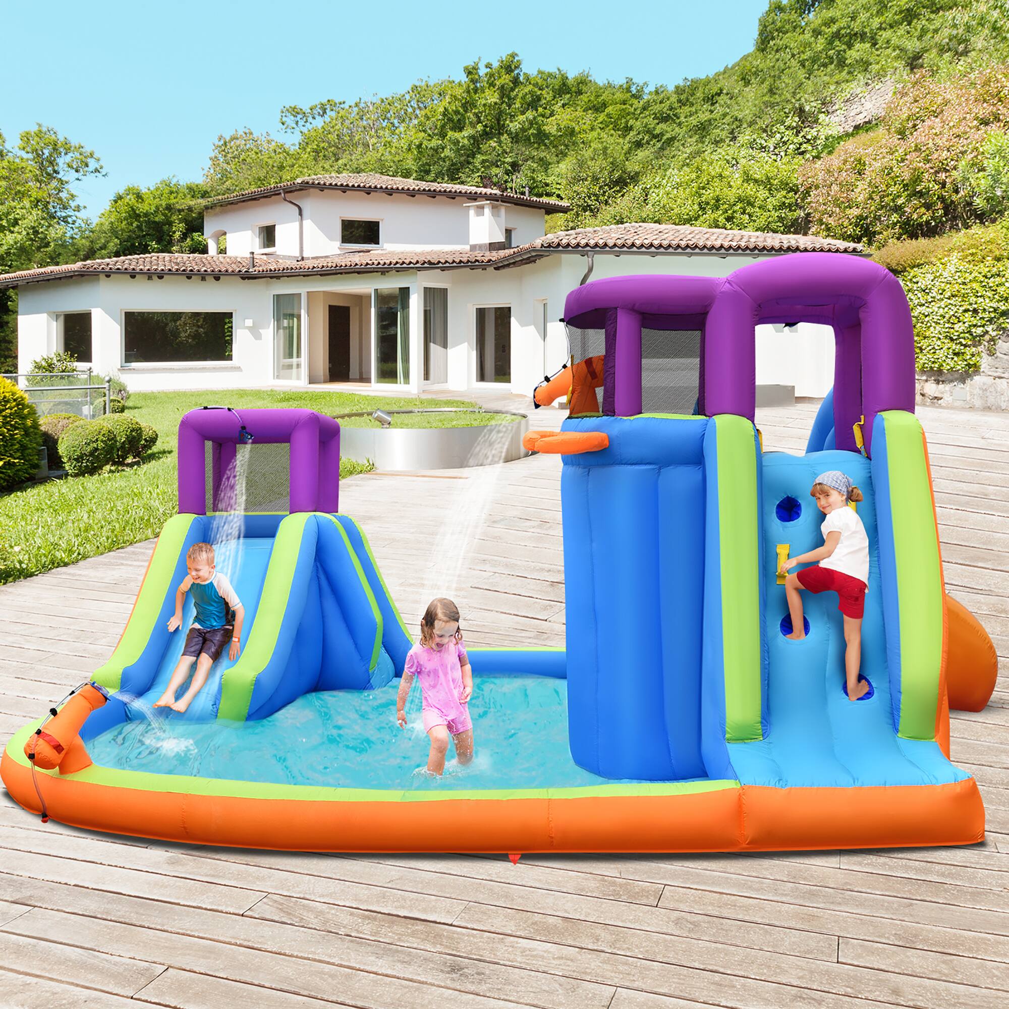 Alt View 1. Costway - 6 in 1 Inflatable Dual Slide Water Park Climbing Bouncer Without Blower - Multicolor.