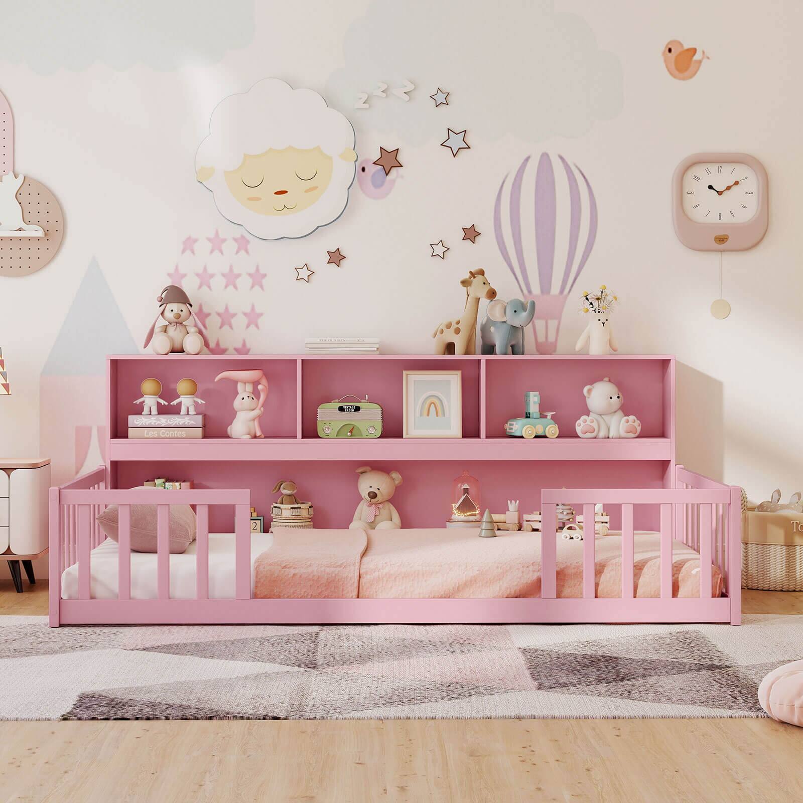 Alt View 3. Costway - Costway Twin Size Montessori Floor Bed with Bookcase Storage Shelves & Safety Fence Rails - Pink.