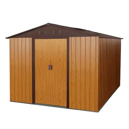 Front. Mondawe - 10ft x 8ft Outdoor Metal Storage Shed with Metal Floor Base - Coffee.