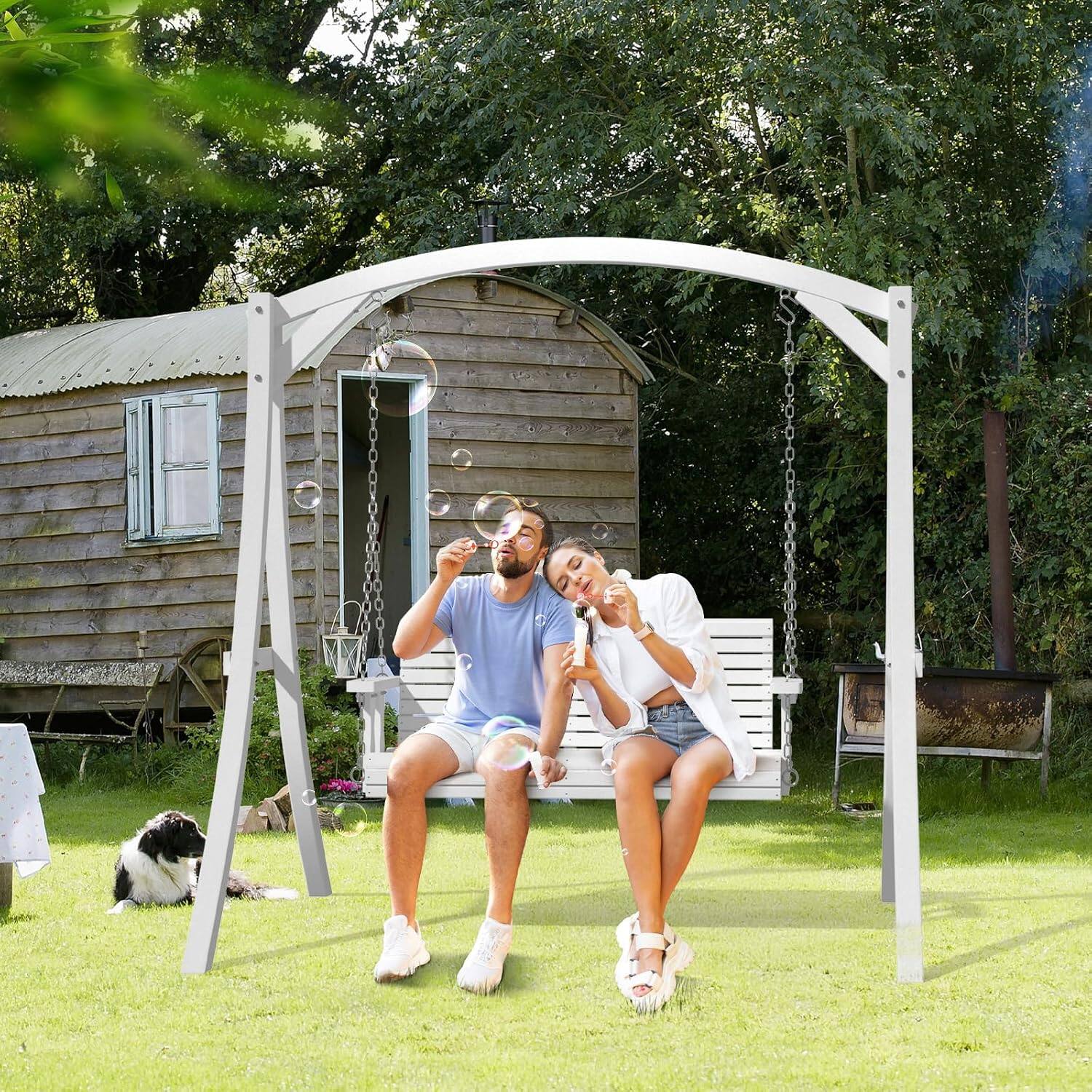 Alt View 9. Winado - 4 FT Patio Wooden Porch Swing, Heavy Duty 880 LBS Swing Chair Bench, with Hanging Chains for Outdoor Courtyard Garden - White.