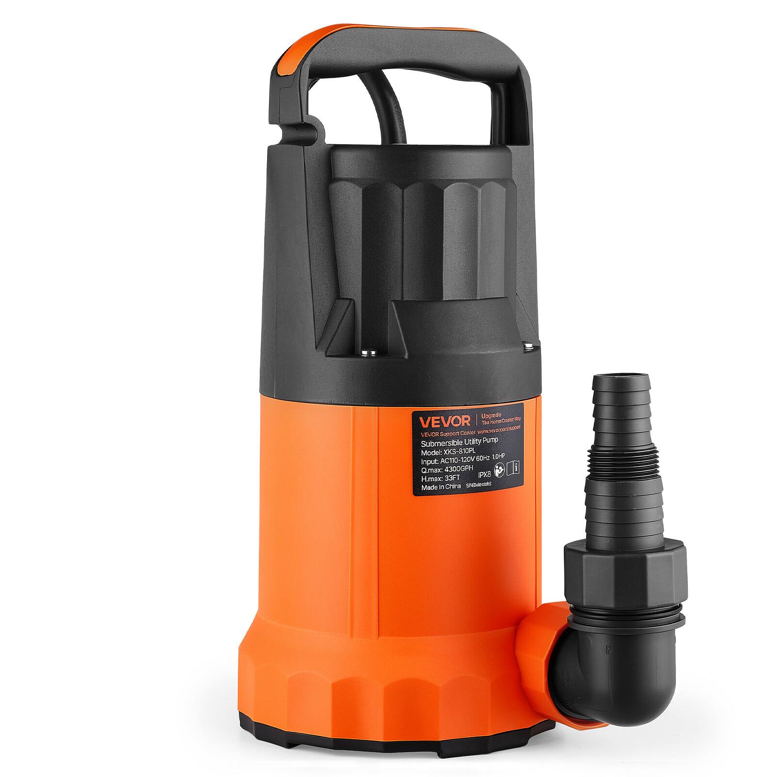 VEVOR Submersible Utility Pump  
Model: XX3-810PL  
ACTIO-120V60Hz  
1.0-P  
Qmax: 4300GPH  
Hmax: 33FT  
Made in China  
IPX8